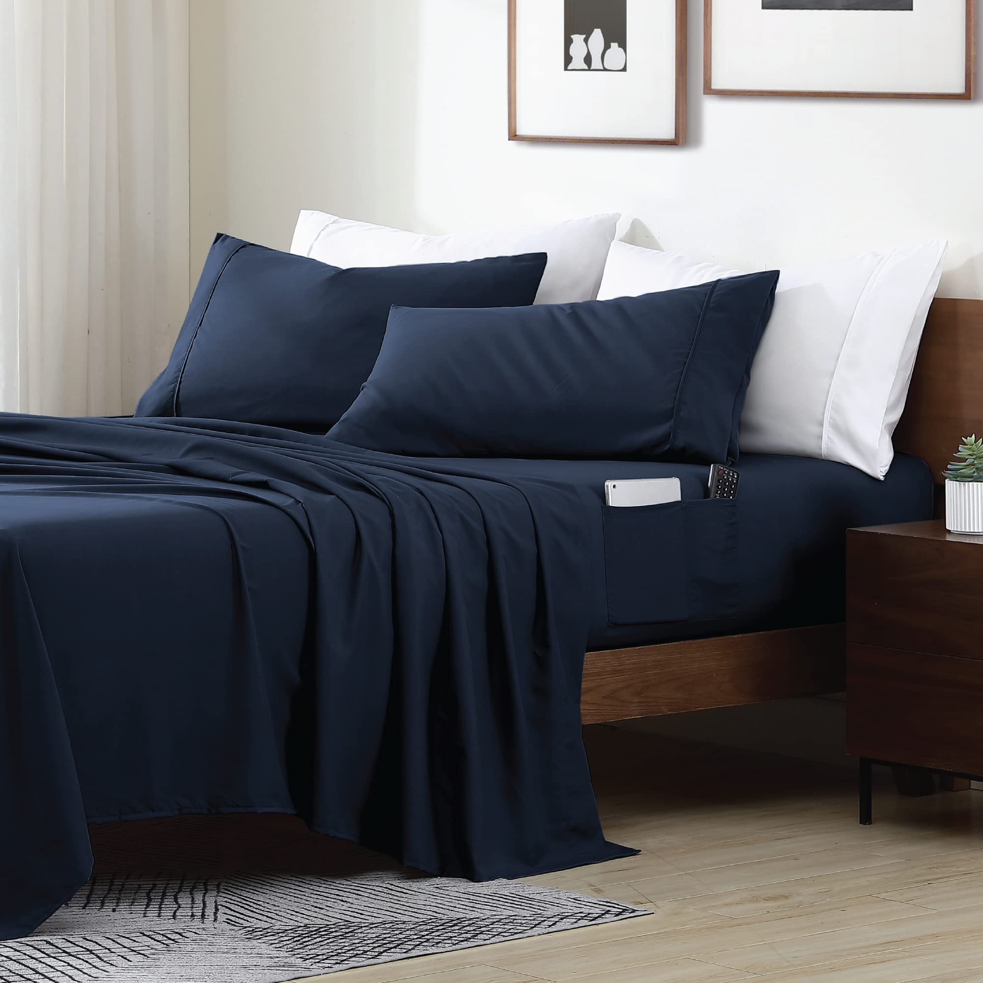 Swift Home Smart Sheets - Ultra Soft Brushed Microfiber 3-Piece Sheet Set with Side Storage Pockets | Twin Size Navy Blue Bedding | Perfect for Dorms, Guest Rooms & Small Spaces