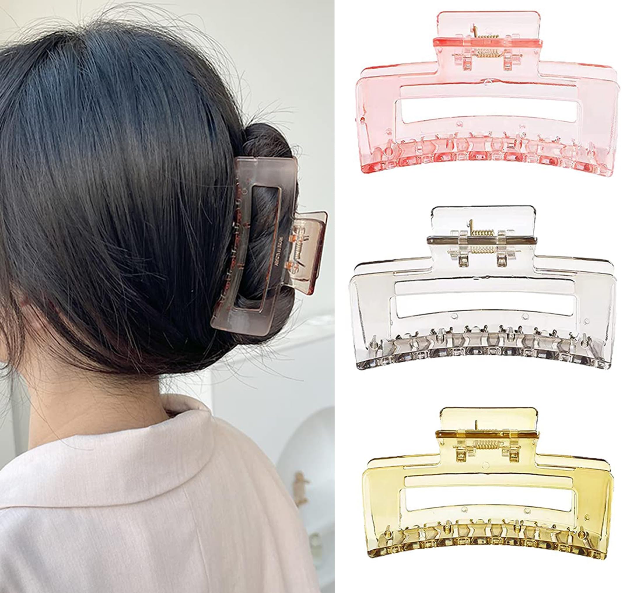 Korean Style Large Hair Claw Clip - RedChimes Fashion Hair Clutcher for Women & Girls, Thick Hair Accessories (Rectangle Claw, 3 Pack) - Perfect for Updos, Ponytails & Everyday Hairstyles