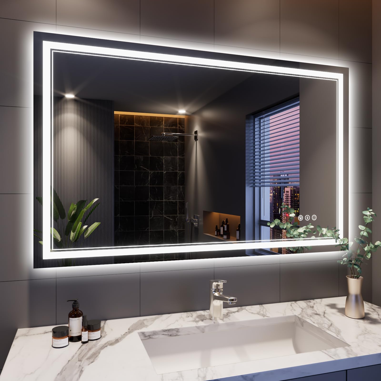 48x30 Inch RGB LED Bathroom Mirror with Color Changing Backlit & Front Lights - Dimmable Anti-Fog Vanity Mirror for Makeup, Shaving & Home Decor (Modern Bathroom Wall Mirror with Smart Lighting)