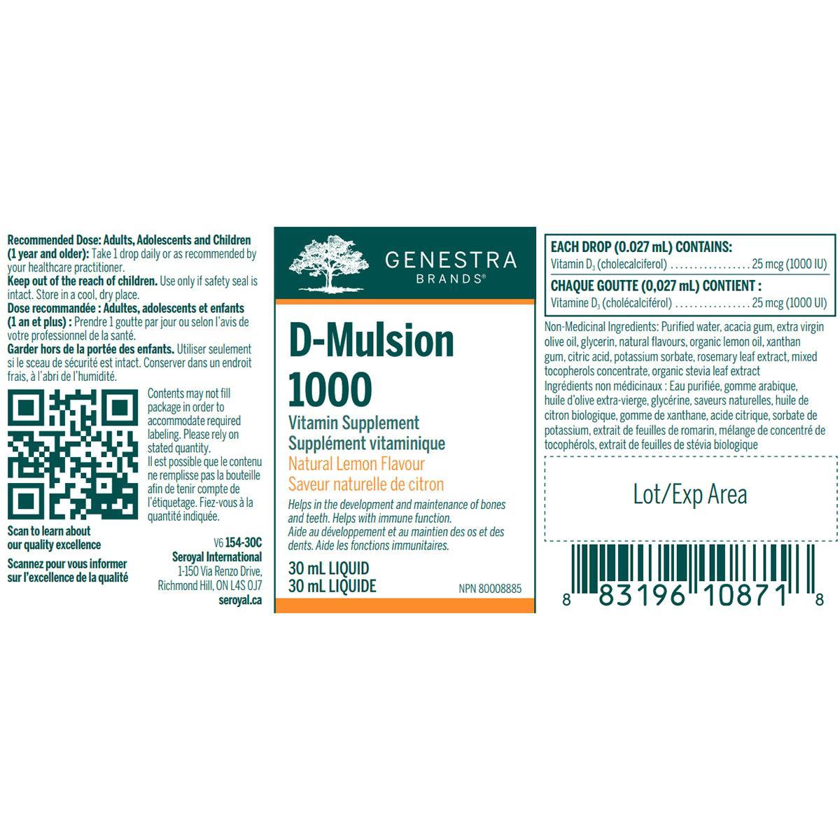 Genestra D Mulsion 1000 Natural Lemon Flavor Vitamin D Drops 30mL - Supports Immune System & Bone Health for Kids & Adults
