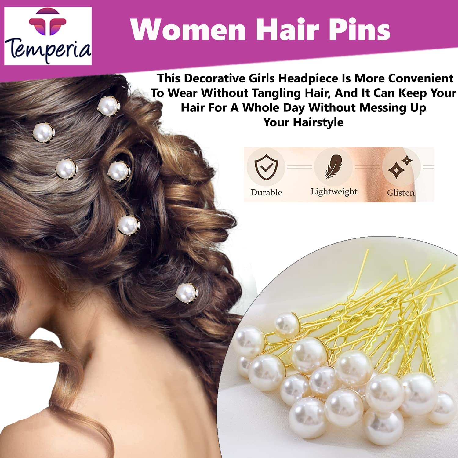 TEMPERIA 12-Piece Pearl Hair Clips for Women & Girls - Elegant U-Pin Hair Accessories for Bridal Hairstyles, Weddings & Parties (White) - Perfect for Prom, Formal Events & Special Occasions