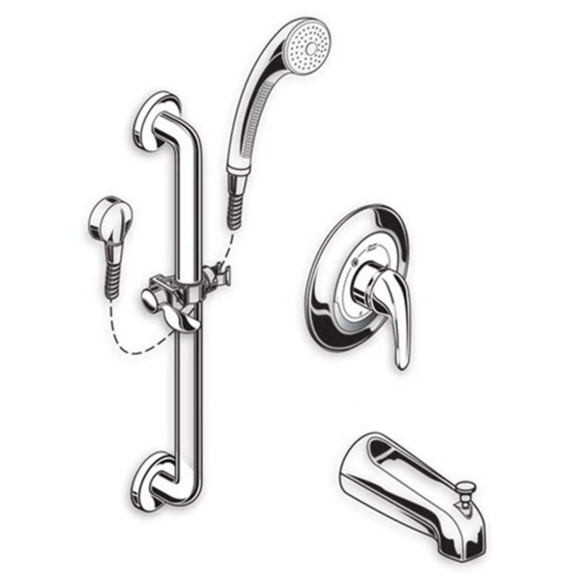 Commercial Shower System 2.5 GPM - 36 Inch 3-Function Hand Shower Kit with Slide Grab Bar & Diverter Tub Spout - Perfect for ADA Compliant Bathrooms & Accessible Home Renovations