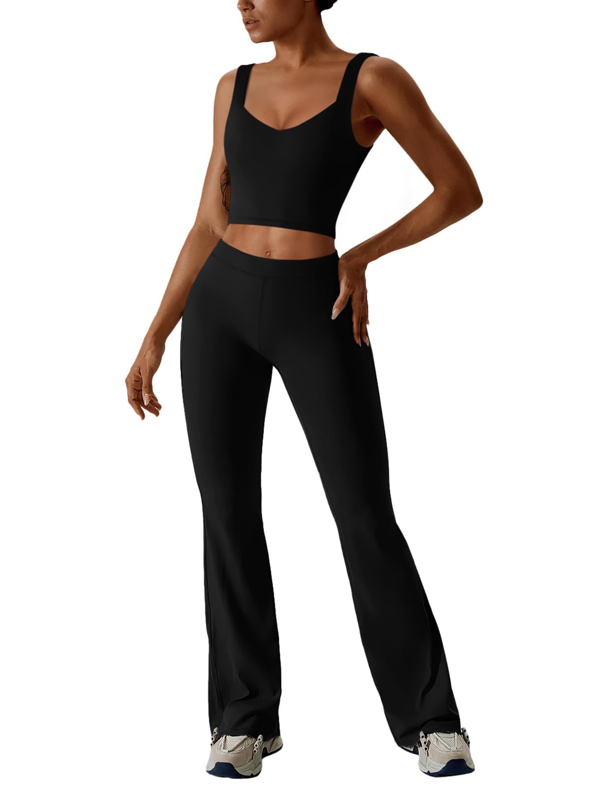 REORIA Women's 2-Piece Workout Set - V-Neck Crop Tank Top & High-Waisted Flare Leggings | Yoga, Gym, Lounge Wear for Women | Comfortable Athletic Outfit for Running, Pilates & Casual Wear