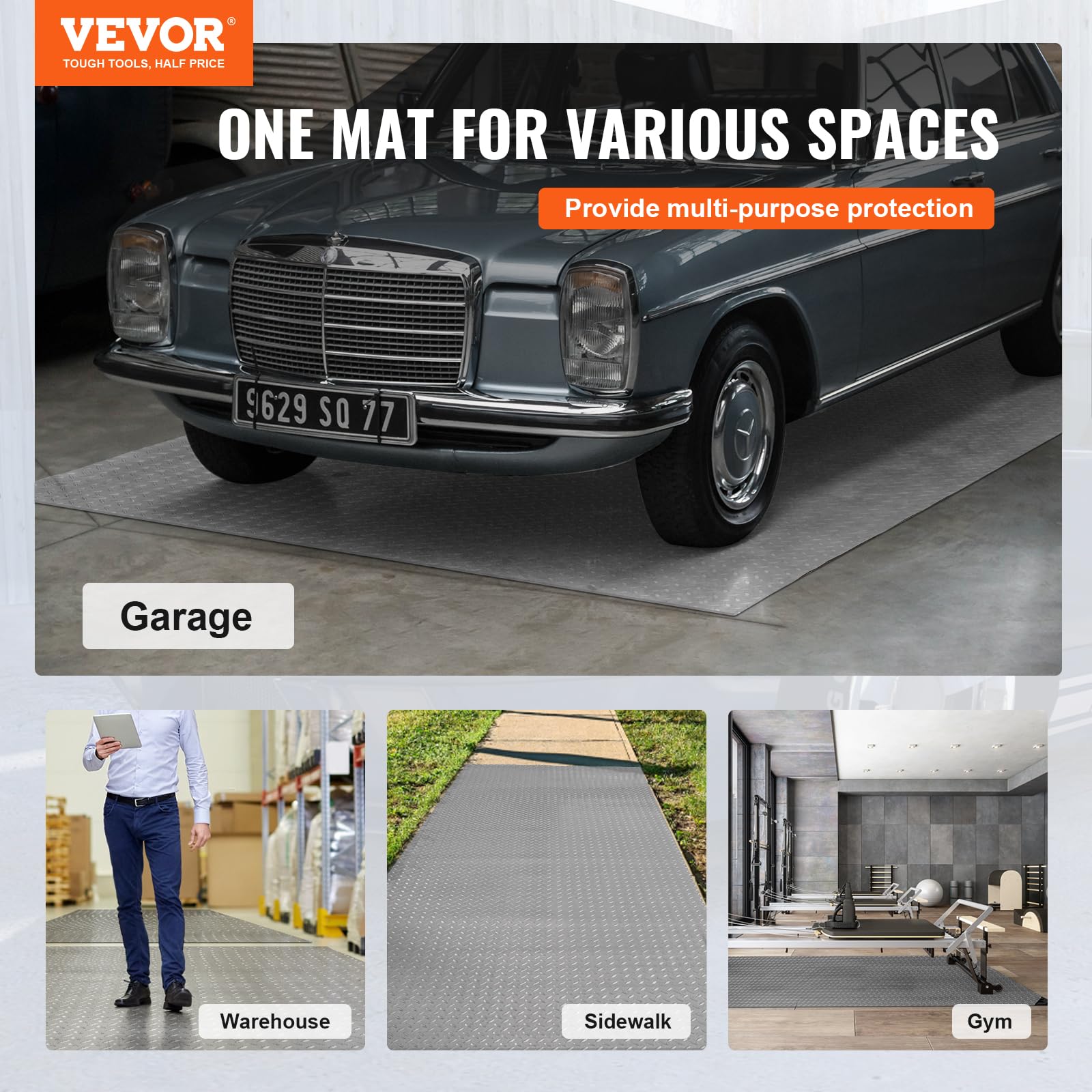 VEVOR 19 x 4.9 FT PVC Garage Floor Mat with Non-Slip Diamond Texture - 93.65 sq.ft Coverage - Heavy Duty Garage Flooring Roll for Cars, Gyms, Boats & Trailers - Gray - Perfect for Workshop Protection & Vehicle Parking