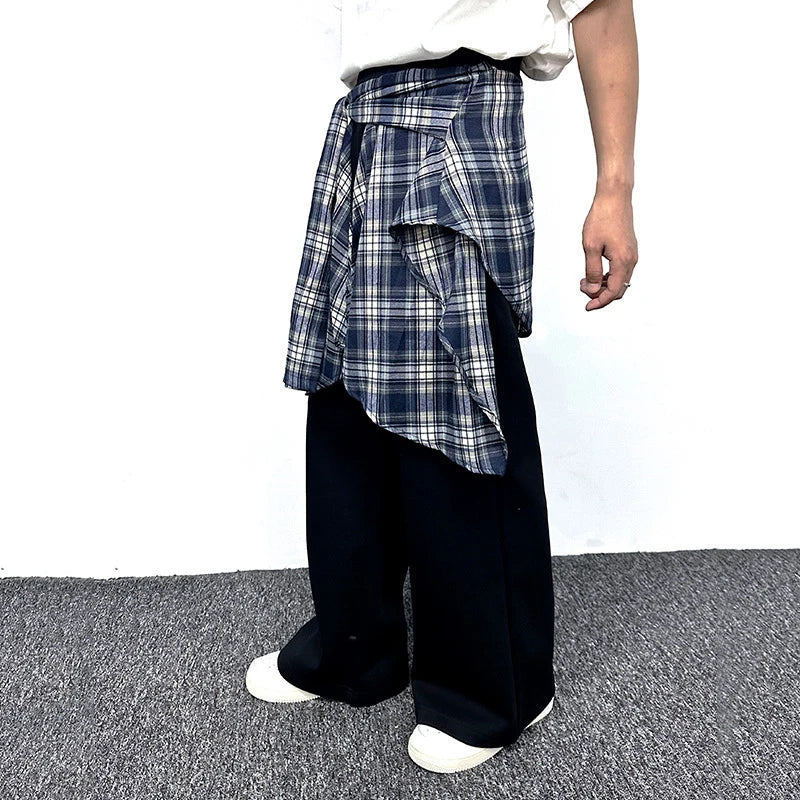 Trendy American Style Men's Sweatpants - High Street Fake Two-Piece Spliced Plaid Peplum Design Solid Color Casual Pants 9W1857 | Perfect for Gym, Lounge & Streetwear Fashion