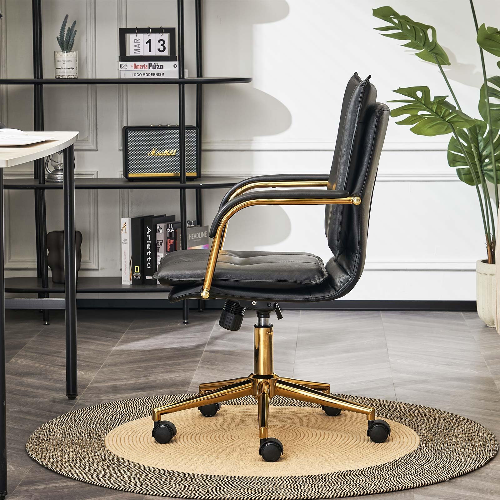 Ergonomic Adjustable Faux Leather Office Chair - Height Adjustable Swivel Computer Desk Chair with Padded Seat & Arms for Home Office, Study Room (Black) | Perfect for Long Work Hours, Gaming & Remote Work