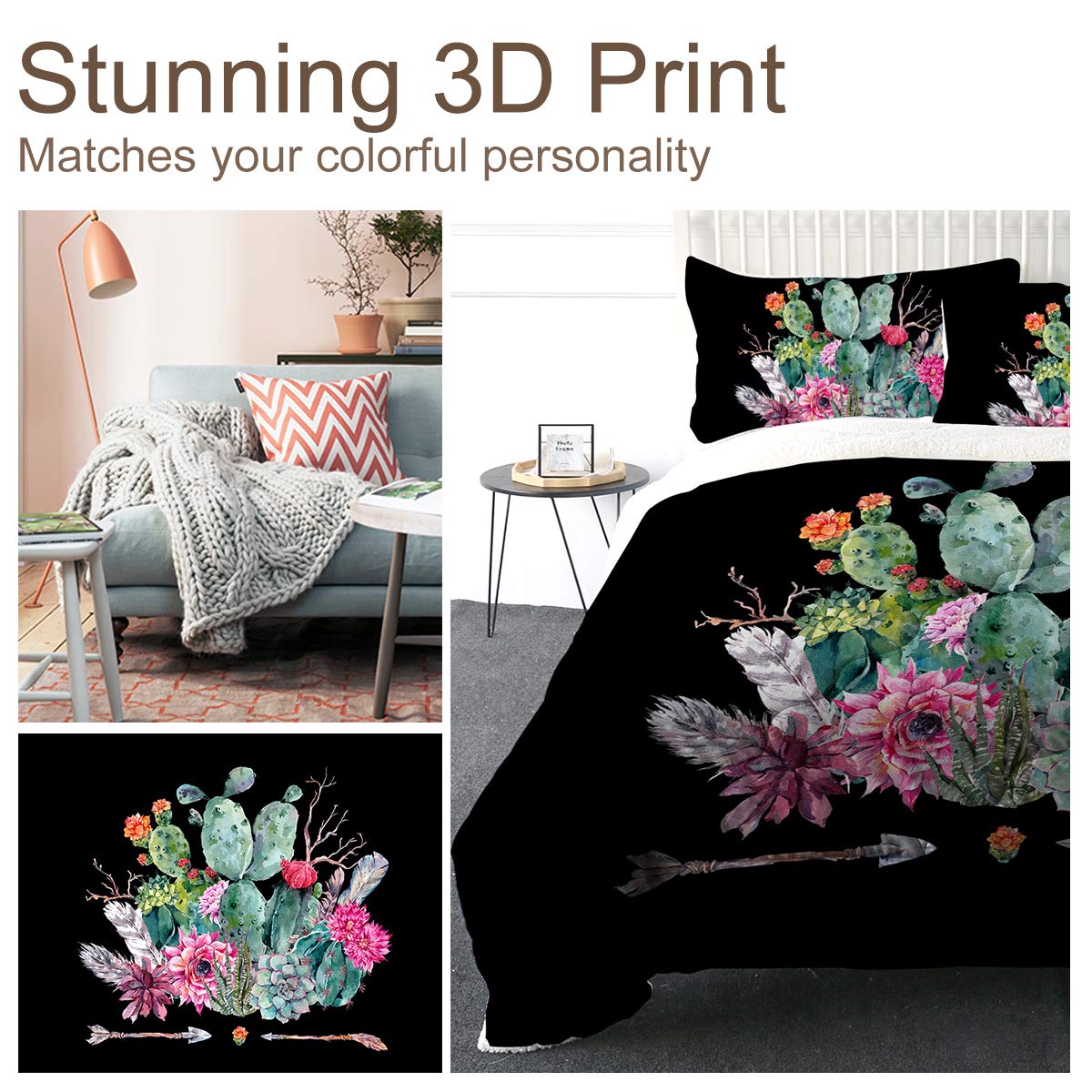 Super Soft Sherpa Comforter Set - Faux Fur Bedspread & 3D Lightweight Fuzzy Duvet Blanket with Polyester Filler - King Size Boho Cactus Print - Includes 2 Pillow Shams - Cozy Bedding for Winter Nights & Boho Chic Bedroom Decor