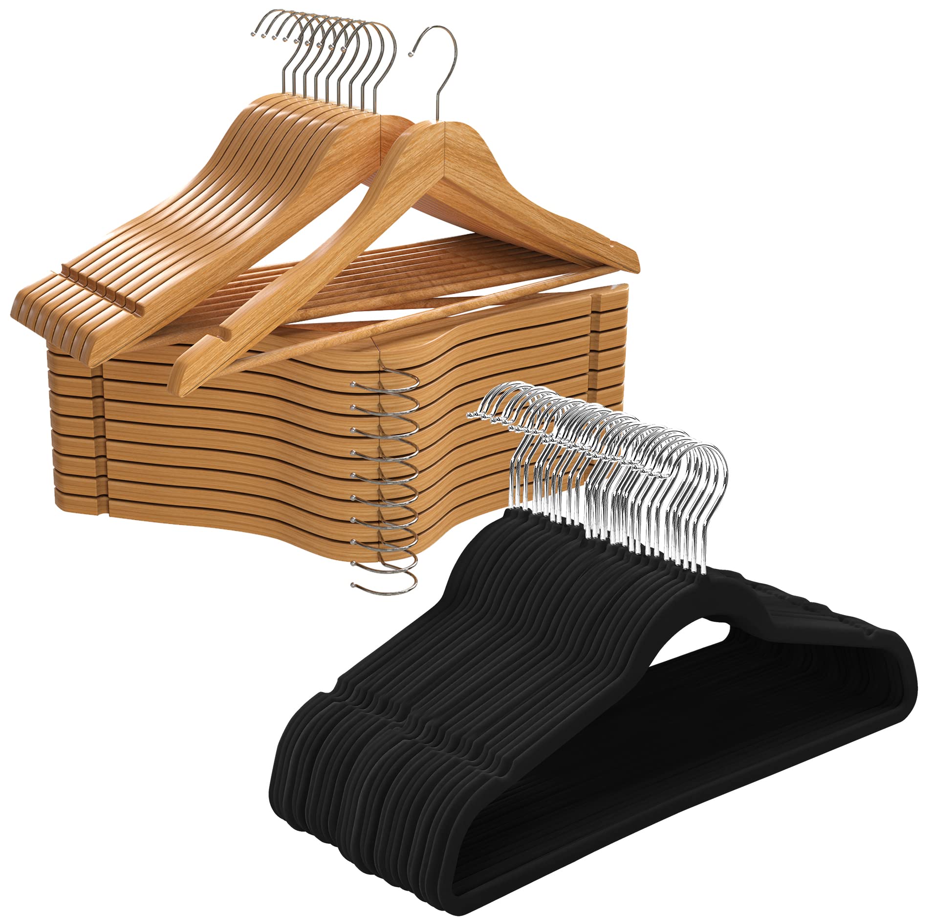 Utopia Home Premium Durable Slim 70-Pack Hangers - 20 Wooden Hangers & 50 Black Velvet Hangers - Space Saving, Heavy Duty, Non-Slip with Shoulder Grooves - Perfect for Closet Organization & Wardrobe Storage