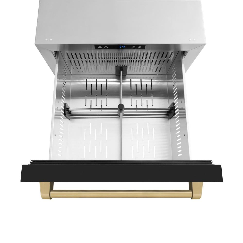 ZLINE Autograph Edition 24 Inch Outdoor Rated Dual Refrigerator Drawer with Black Matte Doors & Champagne Bronze Handles - 168 Can Capacity, Touchstone Series (RDSOZ BLM 24 CB) - Perfect for Outdoor Kitchens, Patio Bars & Entertaining Spaces