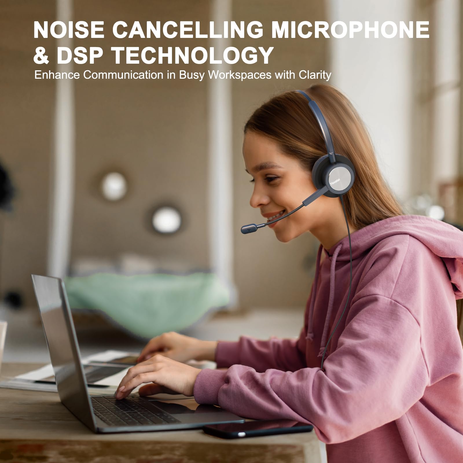 Single Ear USB Headset for PC - Lightweight Office Headset with Noise Cancelling Mic & Mute Button | Compatible with Teams, 3CX, Zoom | Perfect for Call Centers, Remote Work & Home Office (Y809BUC, Blue) | Ideal for Long Work Hours & Online Meetings