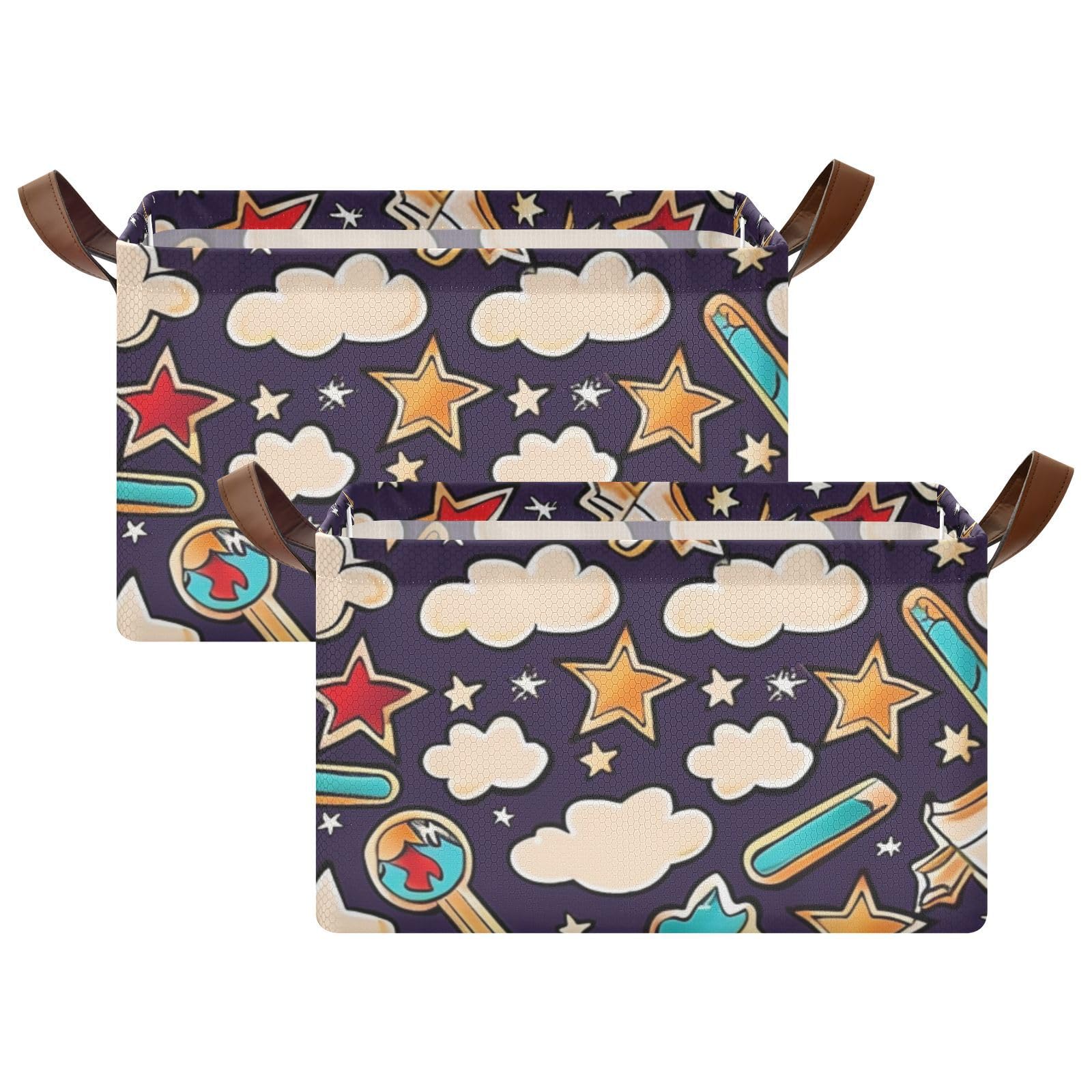 Cloud Star Collapsible Fabric Storage Baskets with Handles - 2 Pack Foldable Organizer Bins for Shelves, Closet & Wardrobe | Perfect for Home Organization, Bedroom Storage & Kids Toy Containers
