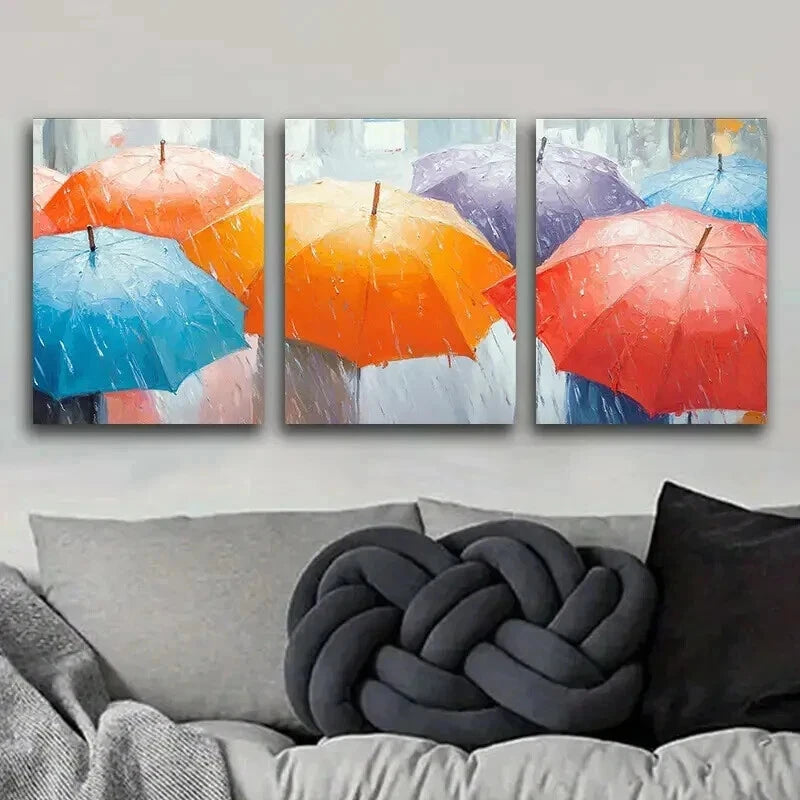 3-Piece Canvas Wall Art Set - 'Umbrellas in the Rain' Framed Painting (60x90cm) | High-Quality Print | 100% Australian Made | Ready to Hang | Perfect for Living Room, Bedroom & Office Decor