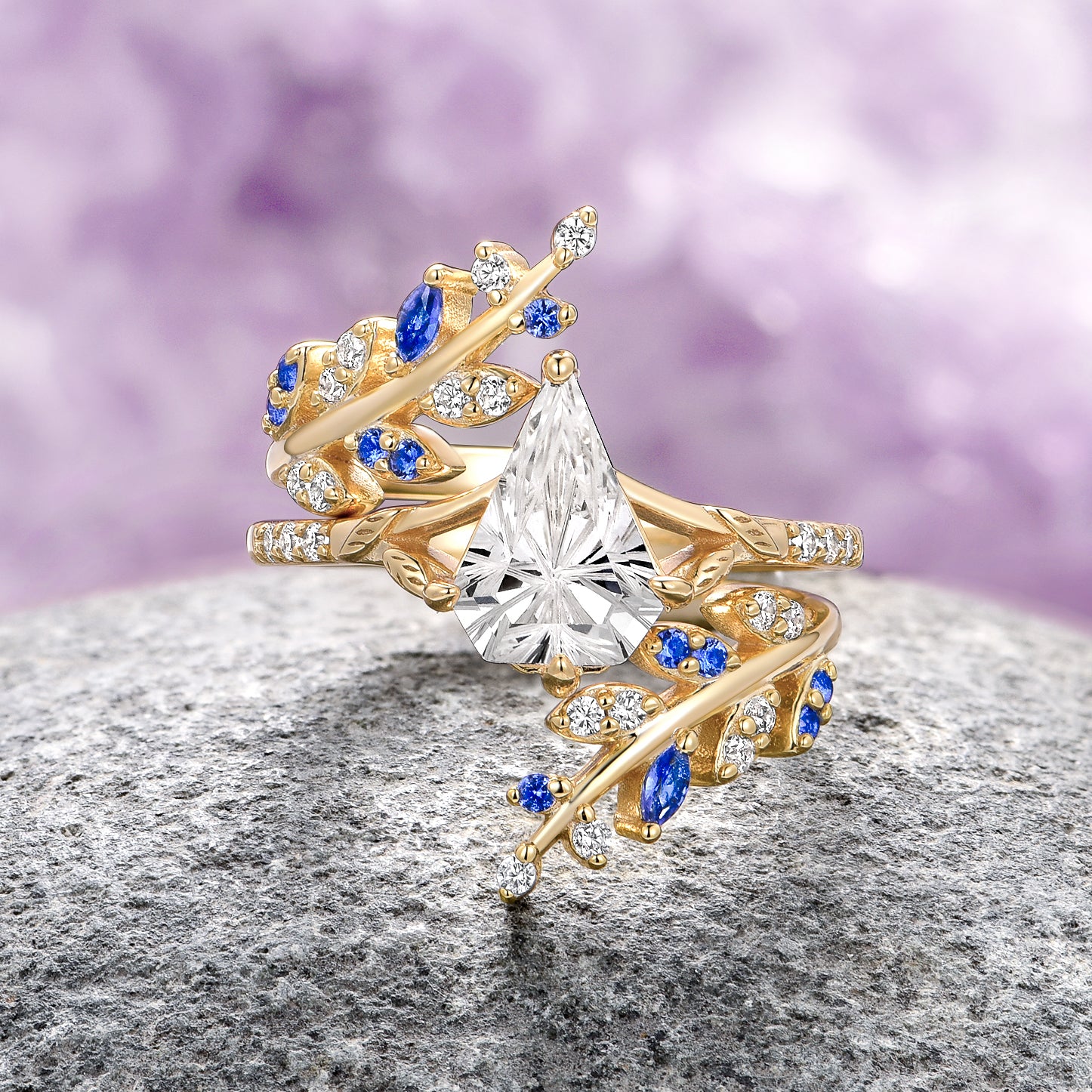 Exquisite 14K Solid Yellow Gold Fantasy Shield Cut Moissanite & Blue Sapphire Ring Set for Women | Elegant Wedding, Engagement & Anniversary Jewelry Gift
