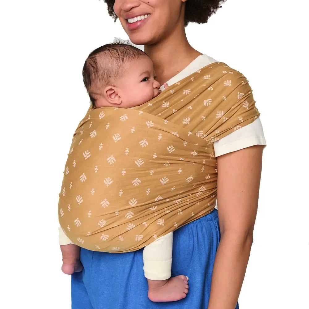 Ergo Baby Aura Baby Wrap - Soft & Breathable Sustainable Baby Carrier for Newborns & Infants (0-12 Months) - Hands-Free Baby Wearing in Camel Harvest Color - Perfect for Nursing, Shopping & Outdoor Activities