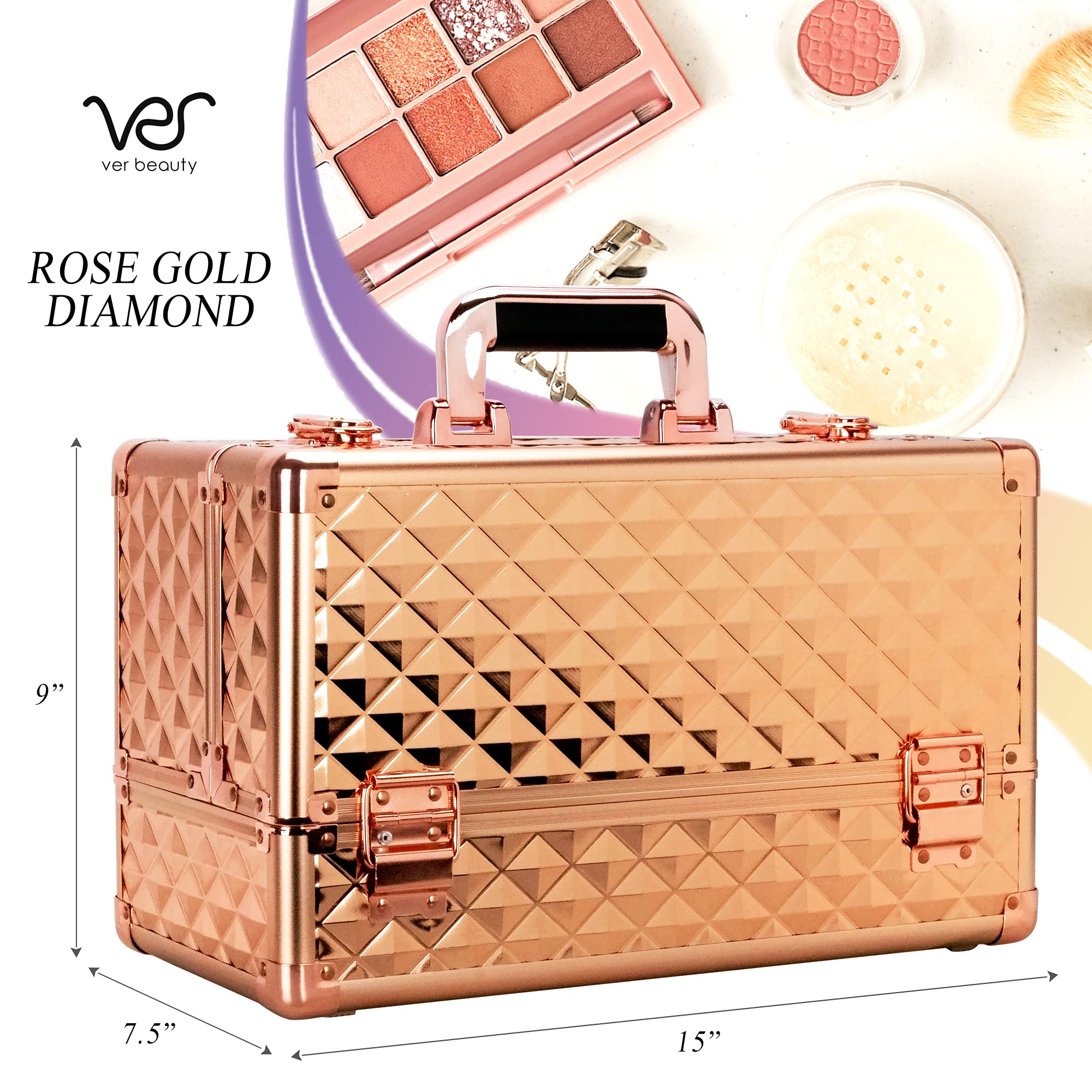 Ver Beauty 6-Tier Lockable Makeup Organizer - Portable Cosmetic Storage Box with Aluminum Case | Travel Makeup Kit for Artists | Lightweight Vanity Train Case in Rose Gold Glitter | Perfect for Salon, Home Use & Professional Makeup Artists