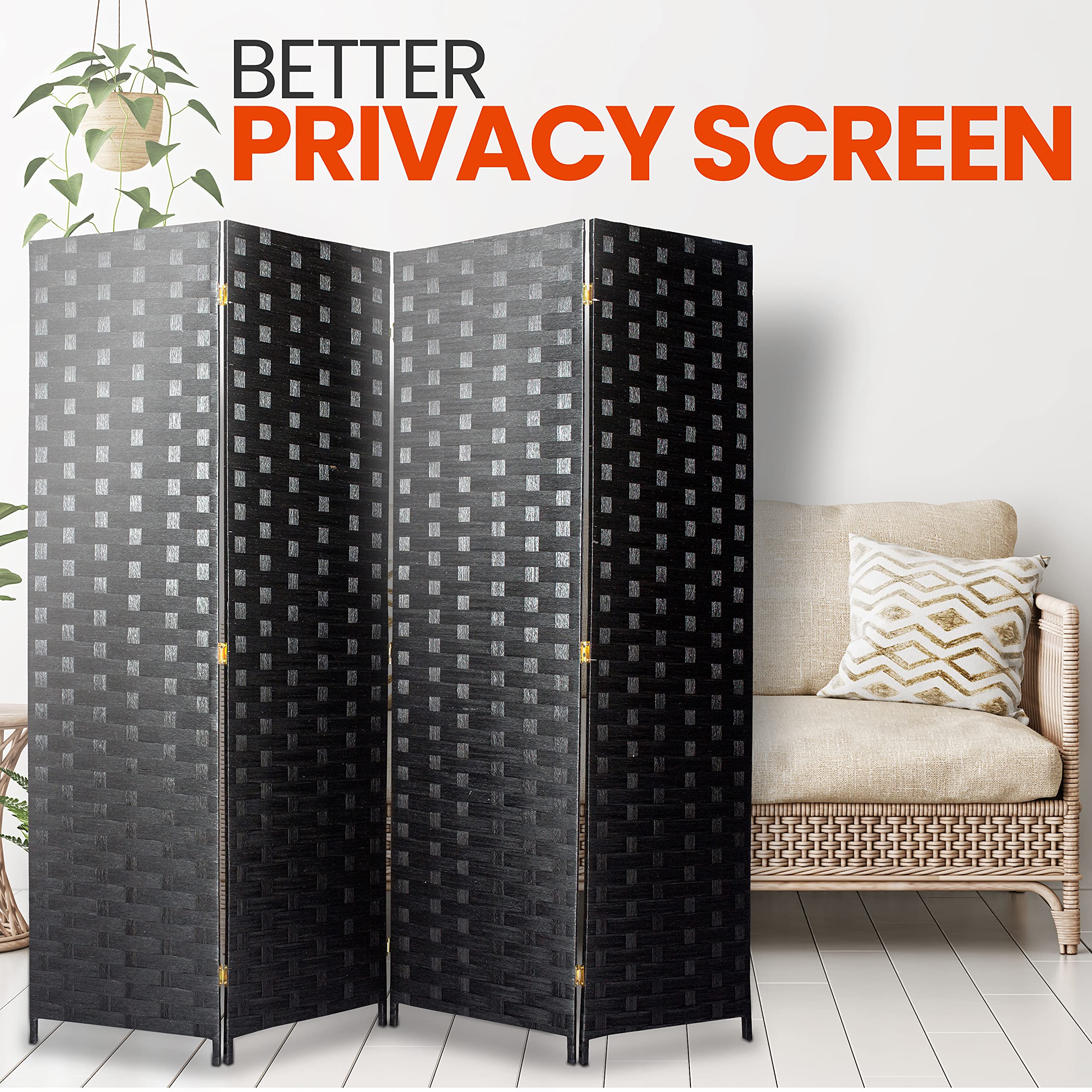 SereneLife 4-Panel Woven Fiber Room Divider - Portable Lightweight Freestanding Foldable Privacy Screen for Indoor Use | Perfect for Home Office, Dressing Area, Porch & Room Partition