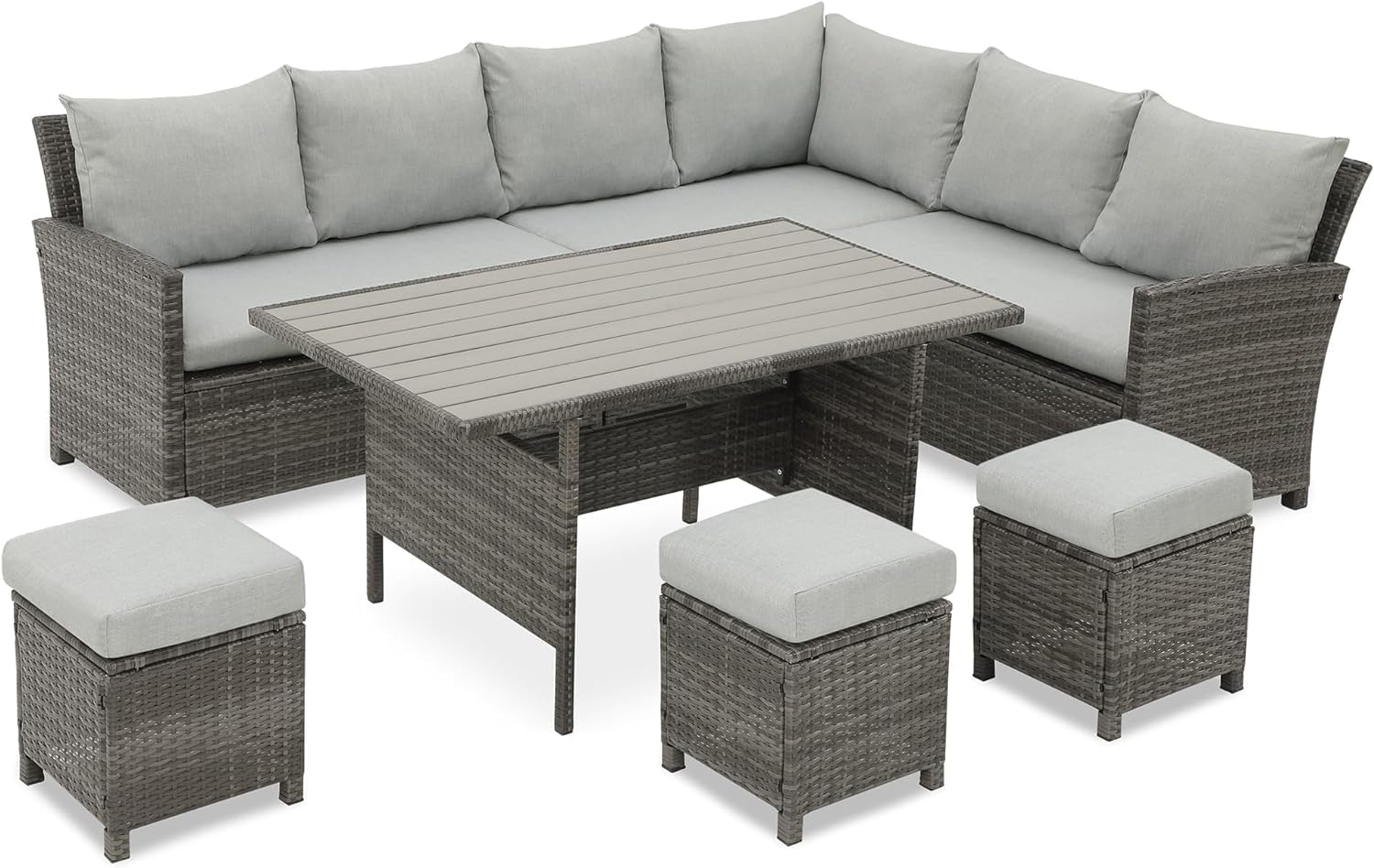7-Piece Wisteria Lane Patio Furniture Set - All-Weather Wicker Outdoor Dining Sectional Sofa with High Curved Back, Dining Table, Chairs & Ottoman in Gray - Perfect for Backyard, Garden, Poolside & Outdoor Entertaining