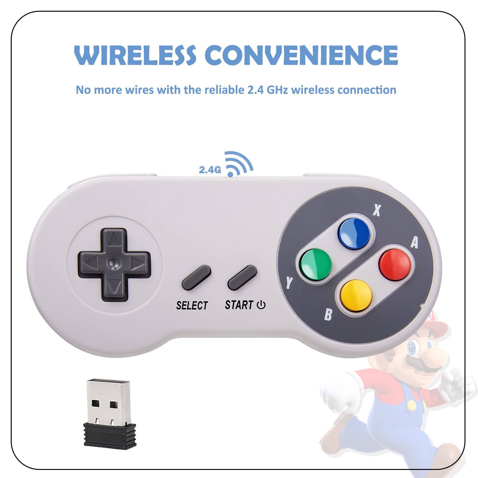 SAFFUN 2 Pack 2.4GHz Wireless USB SNES Controller for PC - Compatible with Windows, Mac, Linux, Raspberry Pi, RetroPie, OpenEmu - Rechargeable Plug & Play Gamepad for Retro Gaming & Emulation - Perfect for Classic SNES Games on Modern Systems