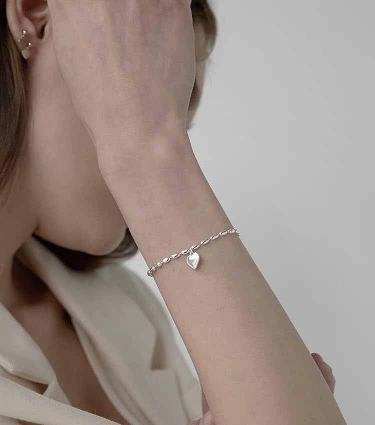 Sterling Silver Friendship Bracelet Adjustable Shiny Beaded Bracelet with Heart Charm for Women & Girls - Perfect Birthday Gift for Best Friends, Sister & Loved Ones (Great for Everyday Wear, Special Occasions & Gift Giving)