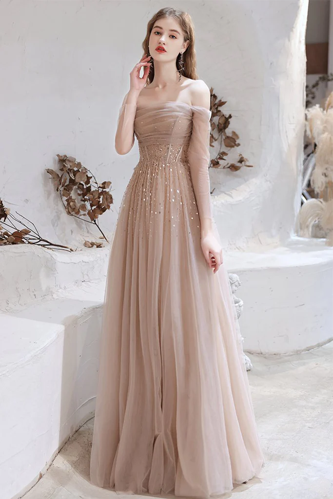 Elegant Off Shoulder A-Line Tulle Prom Dress with Sequins - Long Sleeve Formal Evening Gown 306 for Homecoming, Wedding, and Special Occasions