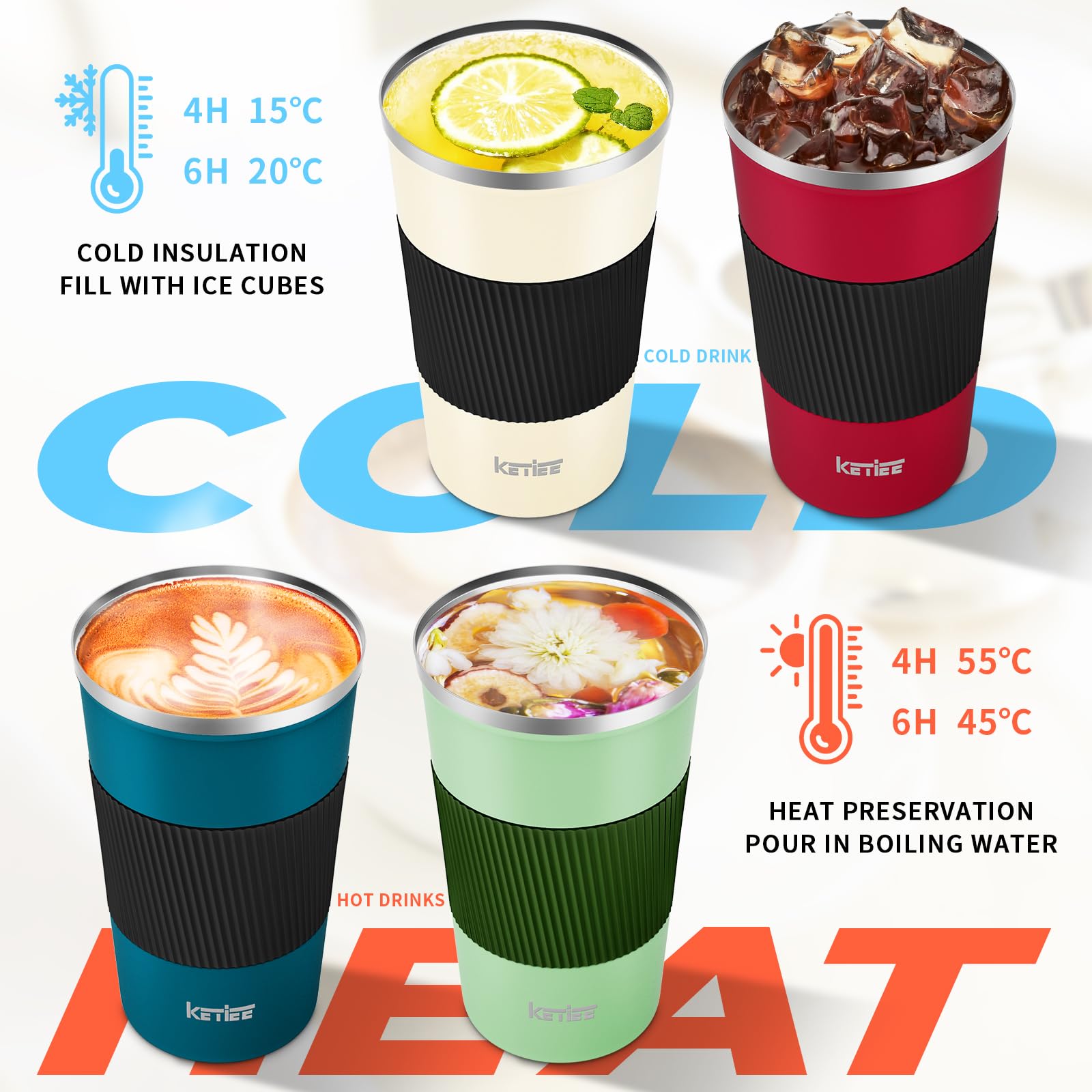 KETIEE 12oz Vacuum Insulated Stainless Steel Travel Coffee Mug - Leakproof Lid, Double Wall Thermal Tumbler for Hot & Cold Drinks - Reusable Coffee Cup for Commuting, Camping & Office (Green)