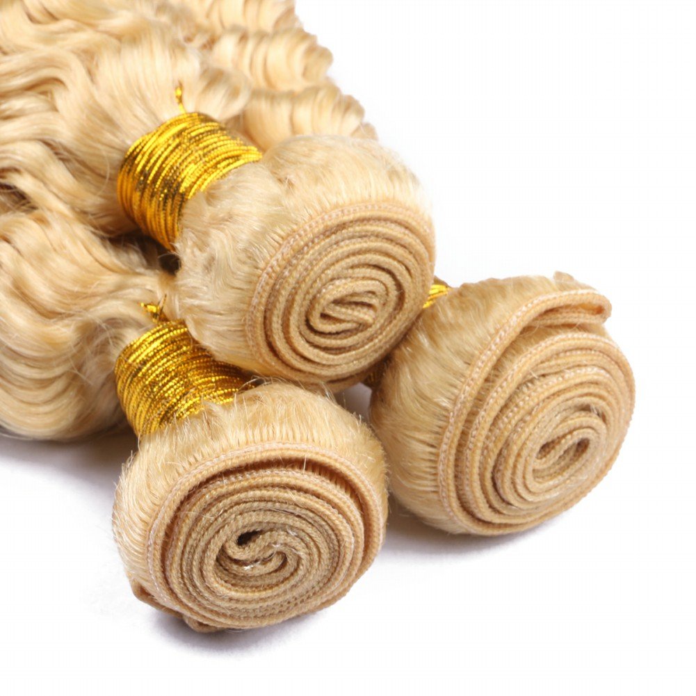 Brazilian Virgin Human Hair 360 Frontal & 3 Bundles - Blonde 613 Deep Wave Pre Plucked Hair Extensions (14/16/18+12 Inch) for Stunning Curly Hairstyles & Everyday Glam Looks