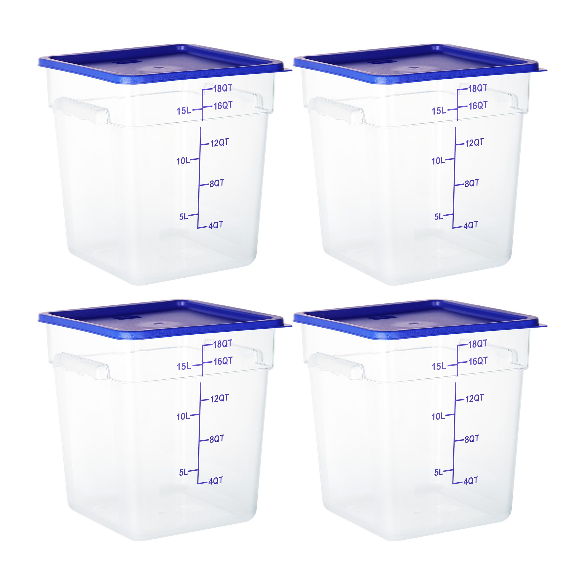 4 Pack 18QT Square Clear Polycarbonate Food Storage Containers with Lids & Measurement Scales - Commercial Grade, BPA-Free, Stackable for Kitchen, Restaurant, Meal Prep & Bulk Food Organization