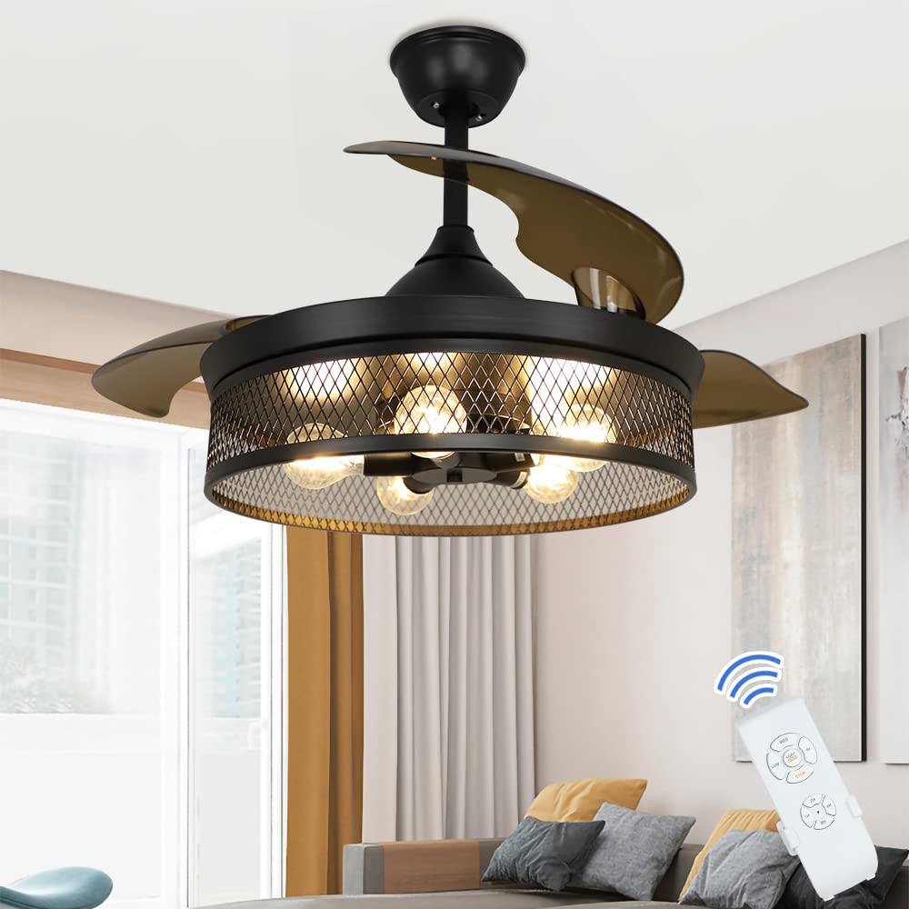 Depuley 42 Inch Vintage Caged Ceiling Fan with Remote Control & Light Kit - Low Profile Flush Mount Farmhouse Style Fan for Kitchen, Bedroom, Living Room - 5 E26 Base (Bulbs Not Included) | Perfect for Rustic Home Decor & Air Circulation in Small Spaces