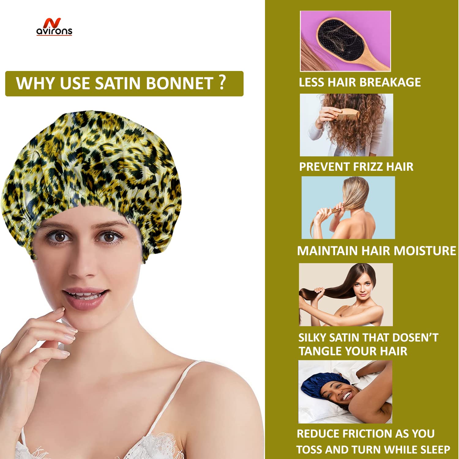 Avirons Satin Silk Hair Bonnet & Sleep Mask Set - Adjustable Double Layer Pure Satin Hair Wrap Cap for Nighttime Hair Protection - Perfect for Sleeping, Travel & Home Hair Care