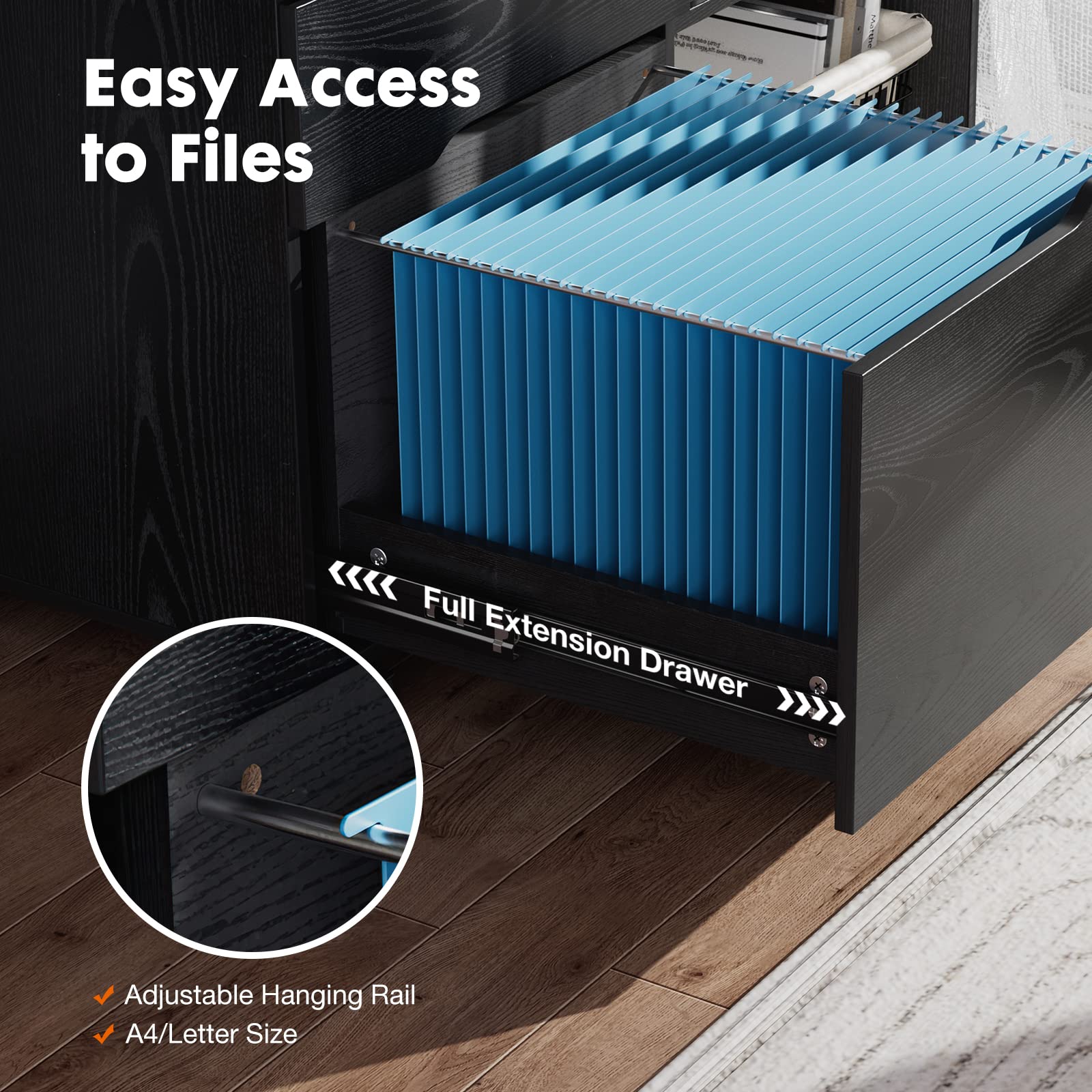 NewBULIG 3-Drawer Mobile Wooden Lateral Rolling File Cabinet with Adjustable Shelves - Printer Stand with Wheels for Home Office Organization, Black - Perfect for Document Storage & Workspace Organization