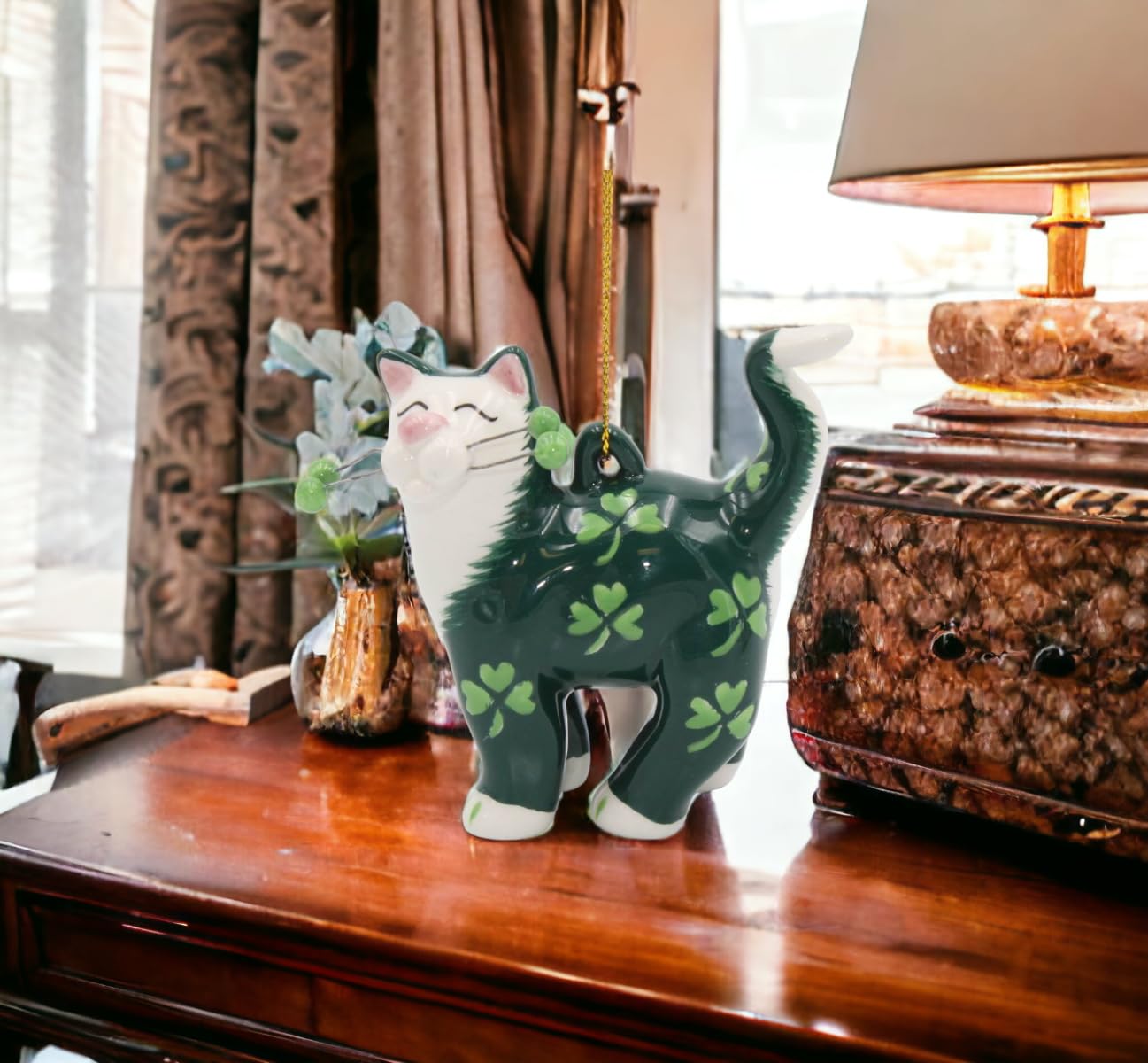 56554 Green Cat with Shamrock Ornament - St. Patrick's Day Decor, Irish-Themed Home Accessory for Party & Holiday Celebrations