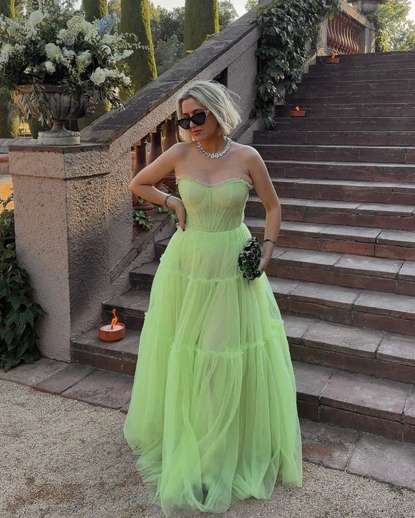 Elegant Green Tulle Long A-Line Strapless Prom Evening Dress J5716 - Perfect for Formal Dances, Weddings & Special Occasions