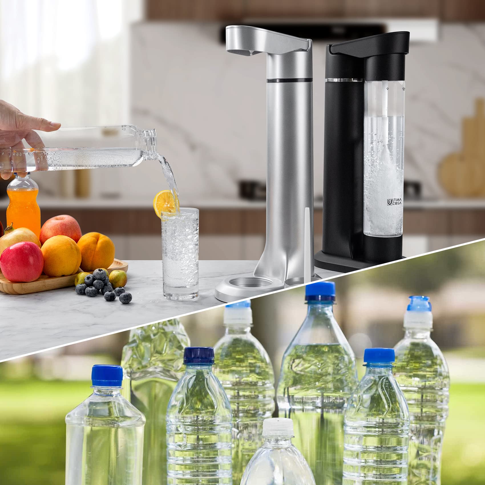 Sparkling Soda Maker with CO2 Cylinder - BPA-Free Home Carbonated Drink Machine for Homemade Sparkling Water, Juice & Coffee | Includes 1LB CO2 & Reusable Bottle (Silver) | Perfect for Parties, Healthy Drinks & DIY Beverages