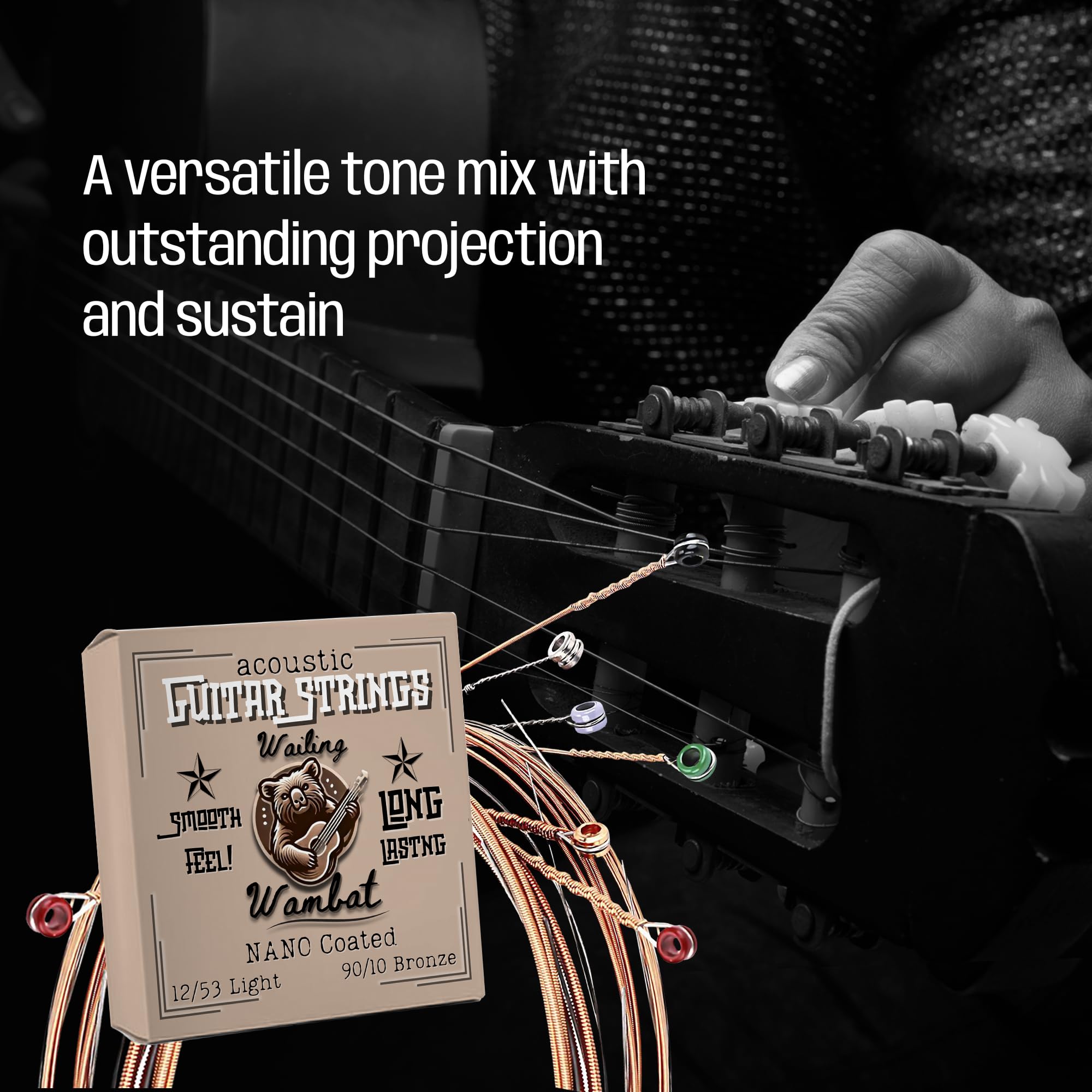 Premium Acoustic Guitar Strings 12-53 Light Gauge - Phosphor Bronze with Nano Coating for Long-Lasting Durability & Smooth Feel | 90/10 Bronze Alloy | Perfect for Concerts, Practice & Studio Recording
