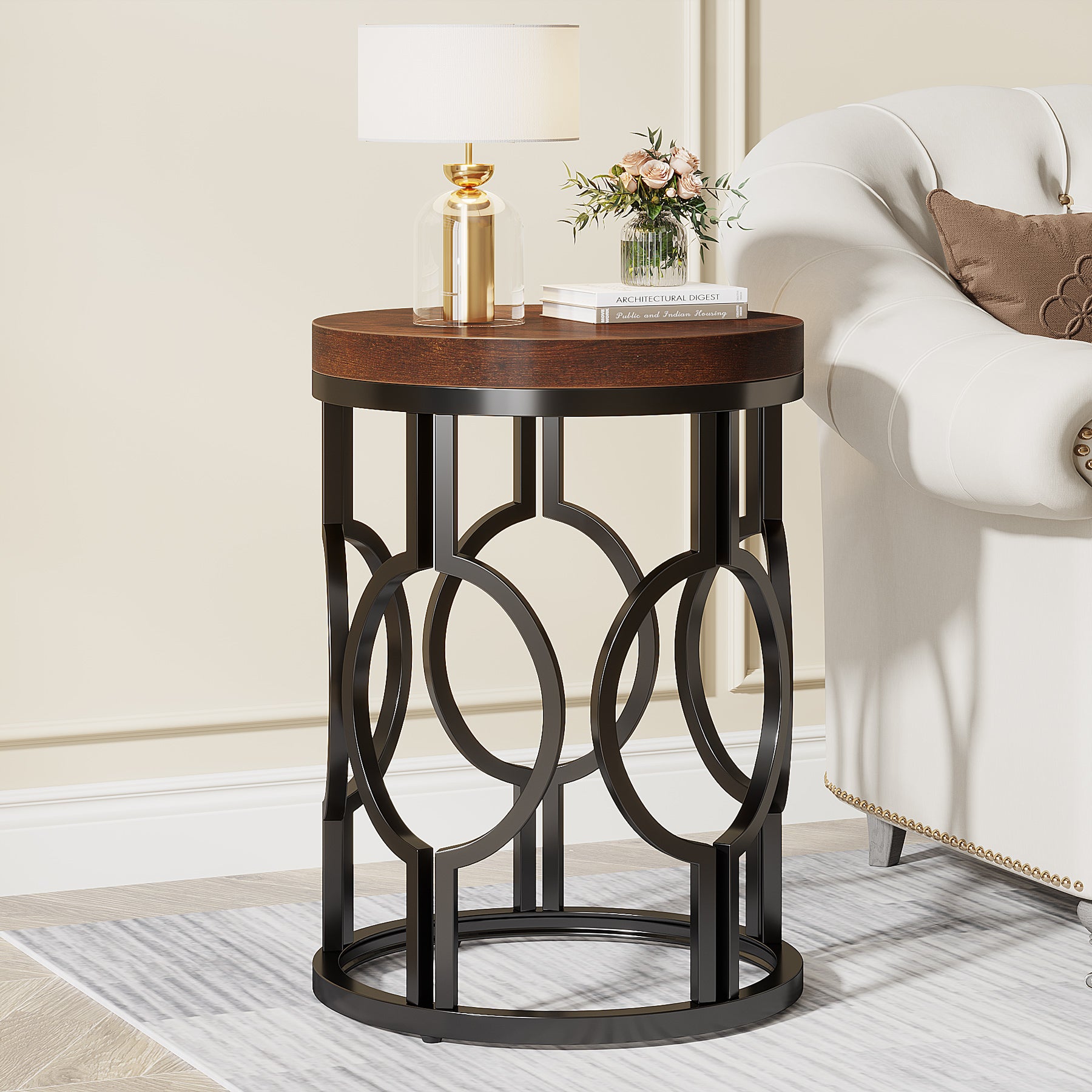 Industrial Round End Table with Metal Hollow Frame - Sturdy Side Table for Living Room, Bedroom, or Office Decor