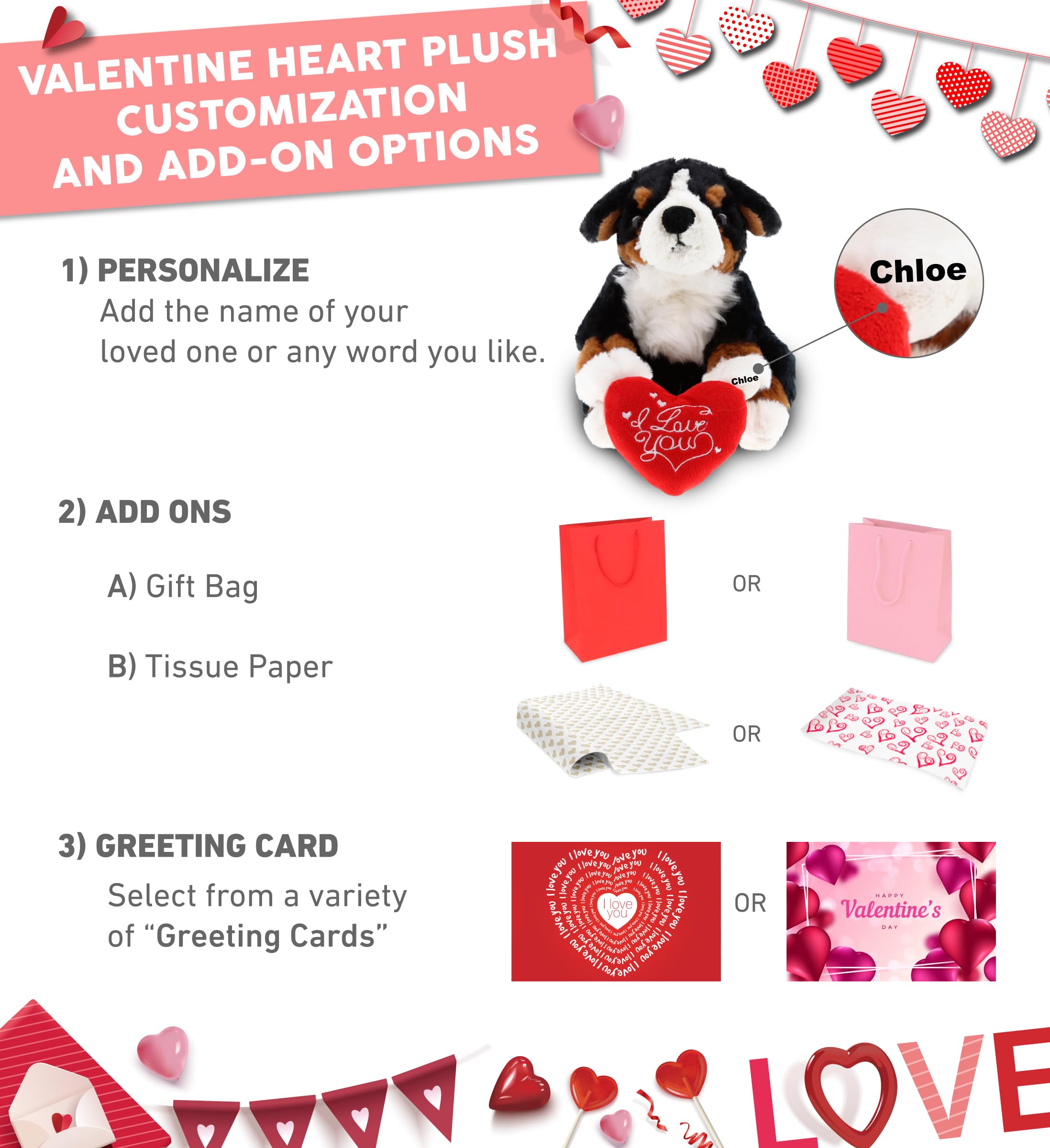DolliBu Personalized I Love You Valentine Plush Bernese Dog - 7