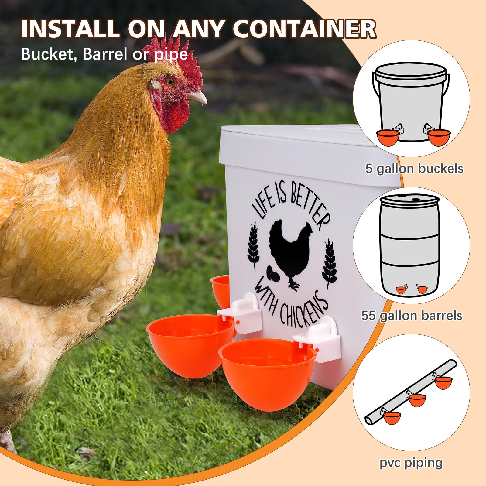 TGEYD Automatic Chicken Water Cups (6 Pack) - Large Poultry Waterer for Chickens, Ducks, Geese, Turkeys & Rabbits - Includes Matching Drill - Perfect for Coops, Farms & Backyard Poultry Keeping