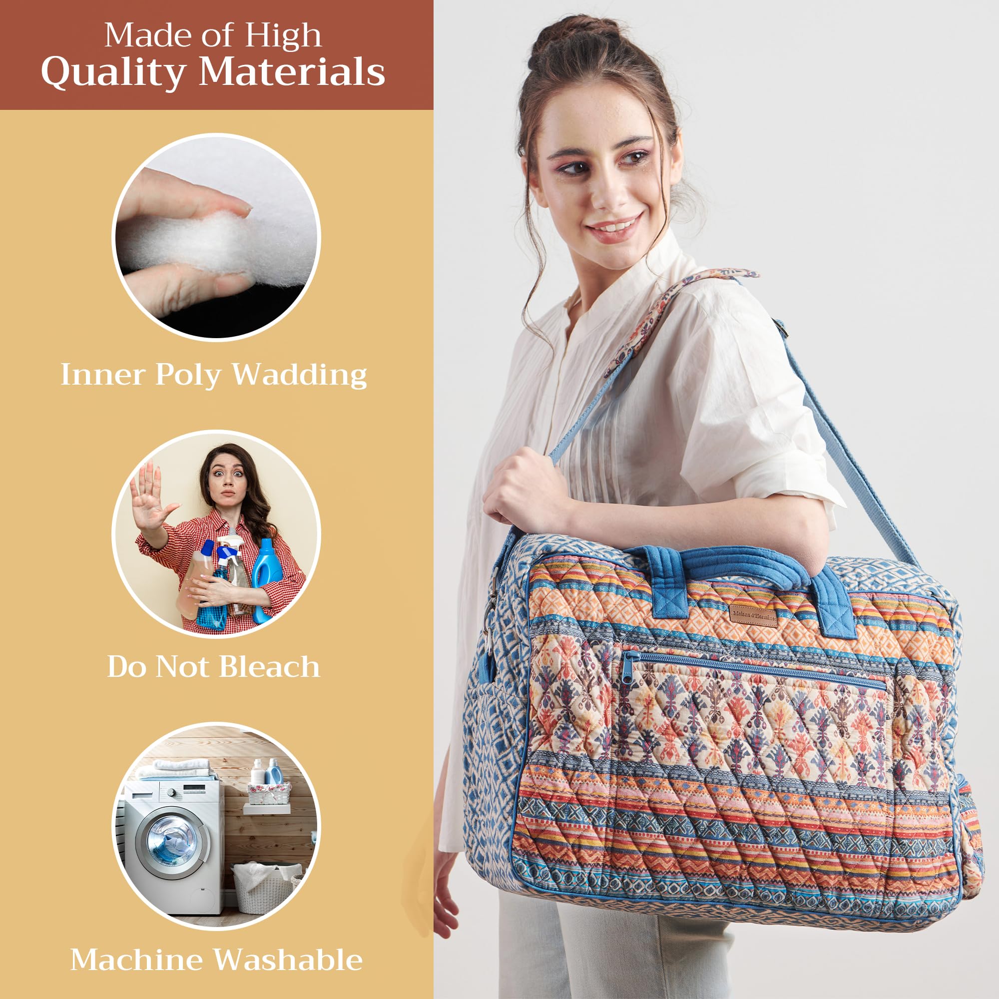 Maison d'Hermine Quilted Cotton Weekender Bag - Stylish Overnight Duffel for Travel, Gym & Business | Perfect Gift for Men & Women | Family Trip & Business Travel Essential | Ikat Pattern Design