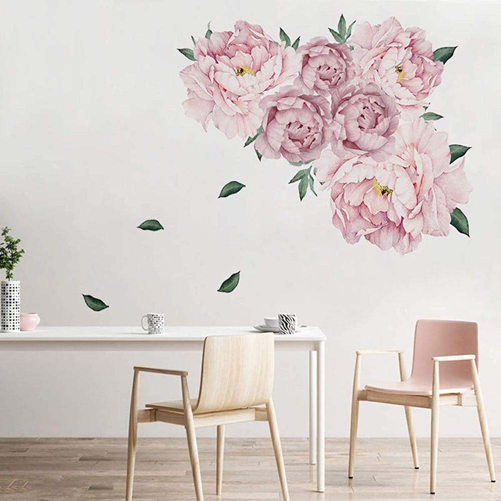 Watercolor Floral Wall Decors - Large Pink Peony Blossom Wall Stickers for Girls Room, Living Room & Bedroom | Removable Flower Art Murals for Home Decor, Nursery & Wedding Backdrop