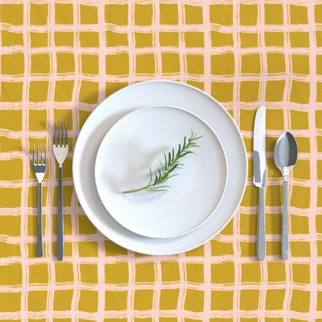 Custom Spoonflower Cotton Sateen Tablecloth 70x144 Inches - Blush Gold Plaid Grid Midcentury Modern Pink Chartreuse Print | Perfect for Dining Tables, Kitchen Decor, and Special Occasions