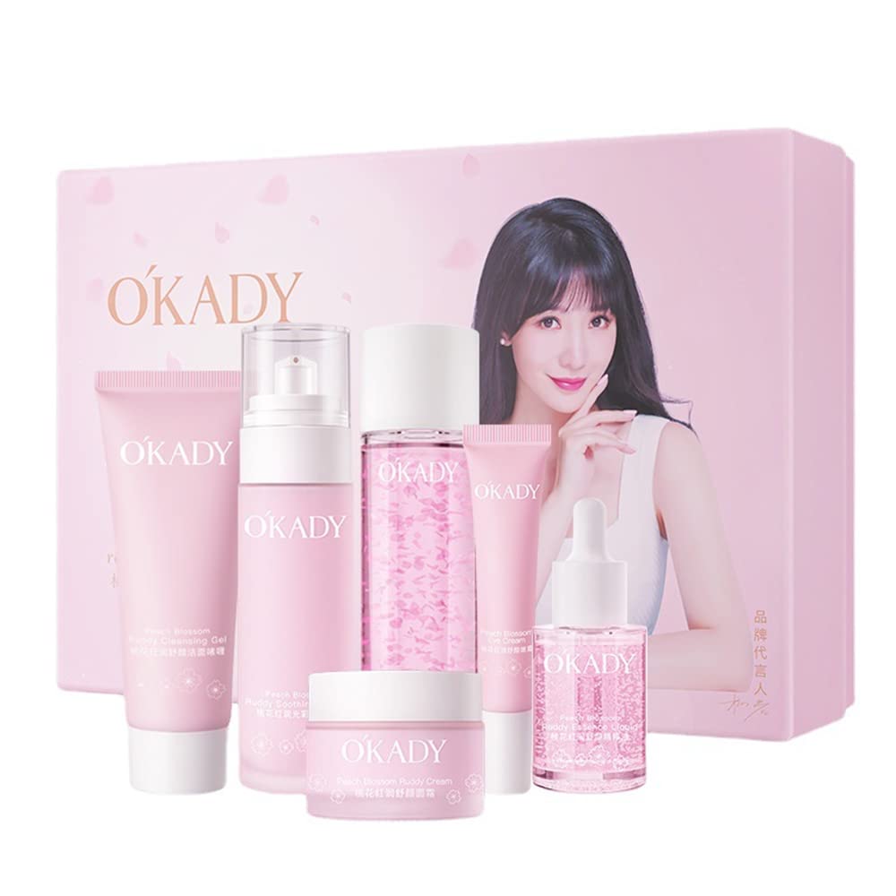 O'KADY Peach Blossom 6-Piece Skincare Set with Toner, Essence, Lotion & Cream - Brightening, Firming, Anti-Wrinkle & Hydrating for Youthful Glow | Perfect for Daily Routine & Gift Giving