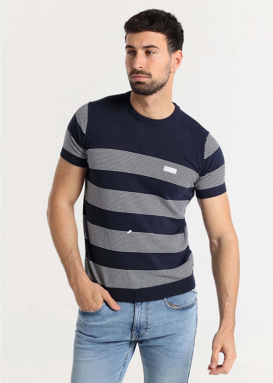 Six Valves Knit Striped Cotton T-Shirt for Men - Navy Blue Casual Tee - Perfect for Everyday Wear, Outings & Relaxation