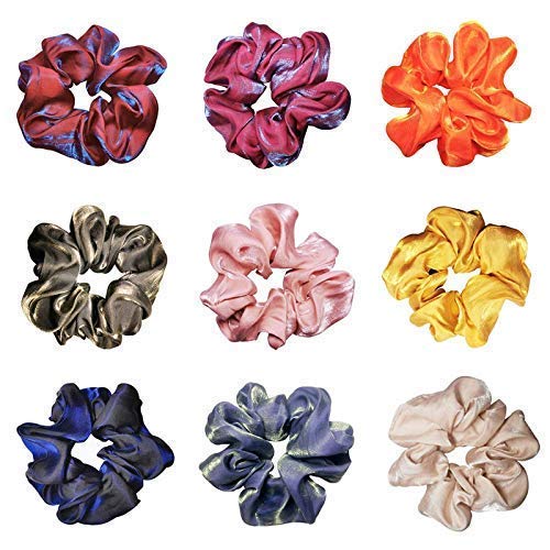 FAMEZA 9-Piece Satin Scrunchies for Women & Girls - Large Shiny Soft Elastic Hair Bands, Ponytail Holders for Everyday Use, Workouts, and Special Occasions