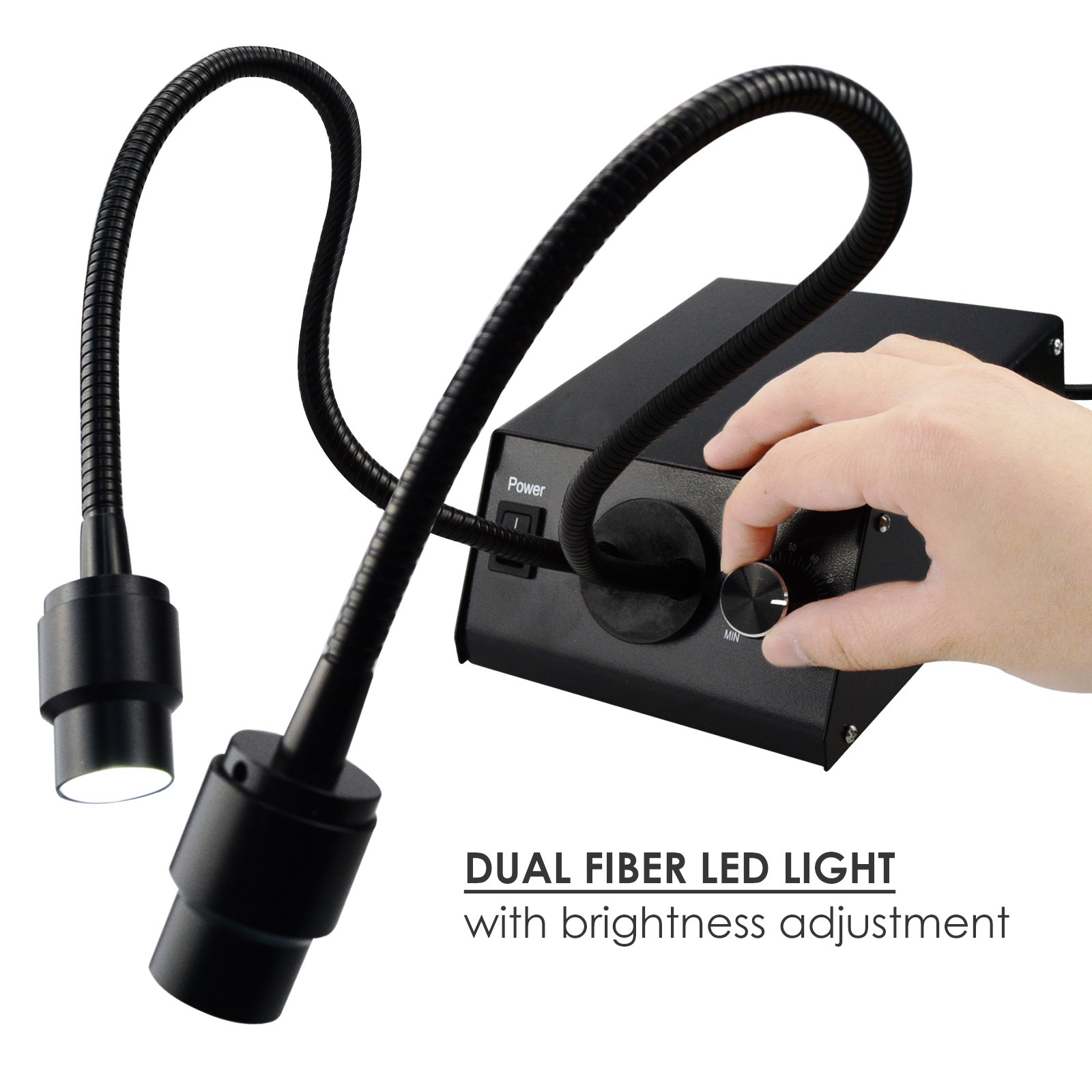 Cold LED Fiber Optic Dual Lights Illuminator - 6500K Shadow-Free Adjustable Lighting with Dimmer, Flexible Direction, 100V-240V for Dental, Jewelry & Microscope Work