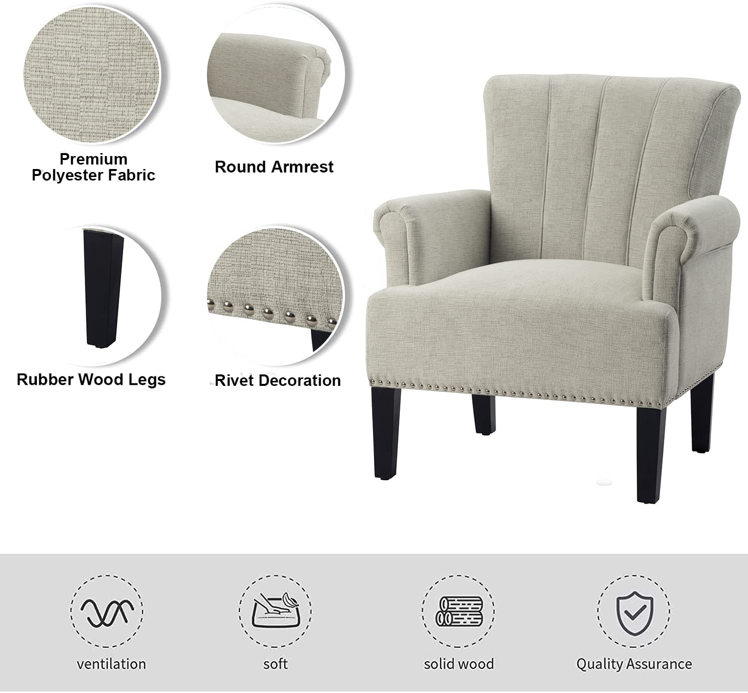 Henf Accent Chair - Tufted Polyester Upholstered Armchair with Rubber Wood Legs, Cream Barrel Club Chair for Living Room, Bedroom & Hosting Room | Perfect for Reading Nook, Lounge Area & Home Office