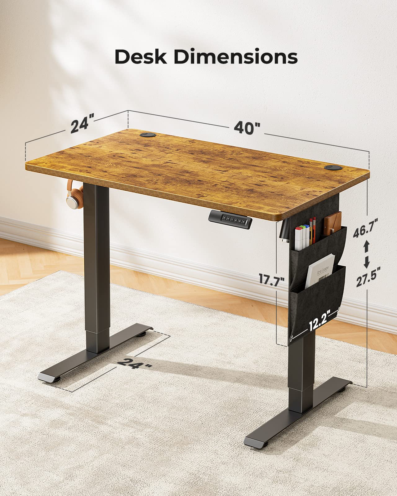 Marsail Electric Standing Desk 40x24 Inch - Adjustable Height Home Office Desk with 4 Memory Presets, Storage Bag & Cable Organizer | Ergonomic Computer Workstation for Gaming, Working & Studying | Perfect for Small Spaces & Home Offices