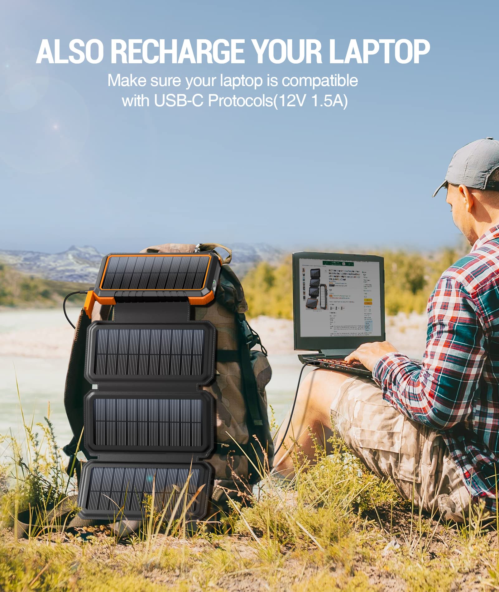 20,000mAh Solar Power Bank with Fast Charging & Foldable Solar Panel - Portable Solar Charger for Phones, Tablets, Camping, Hiking, Emergency Power Outage (Black/Orange)