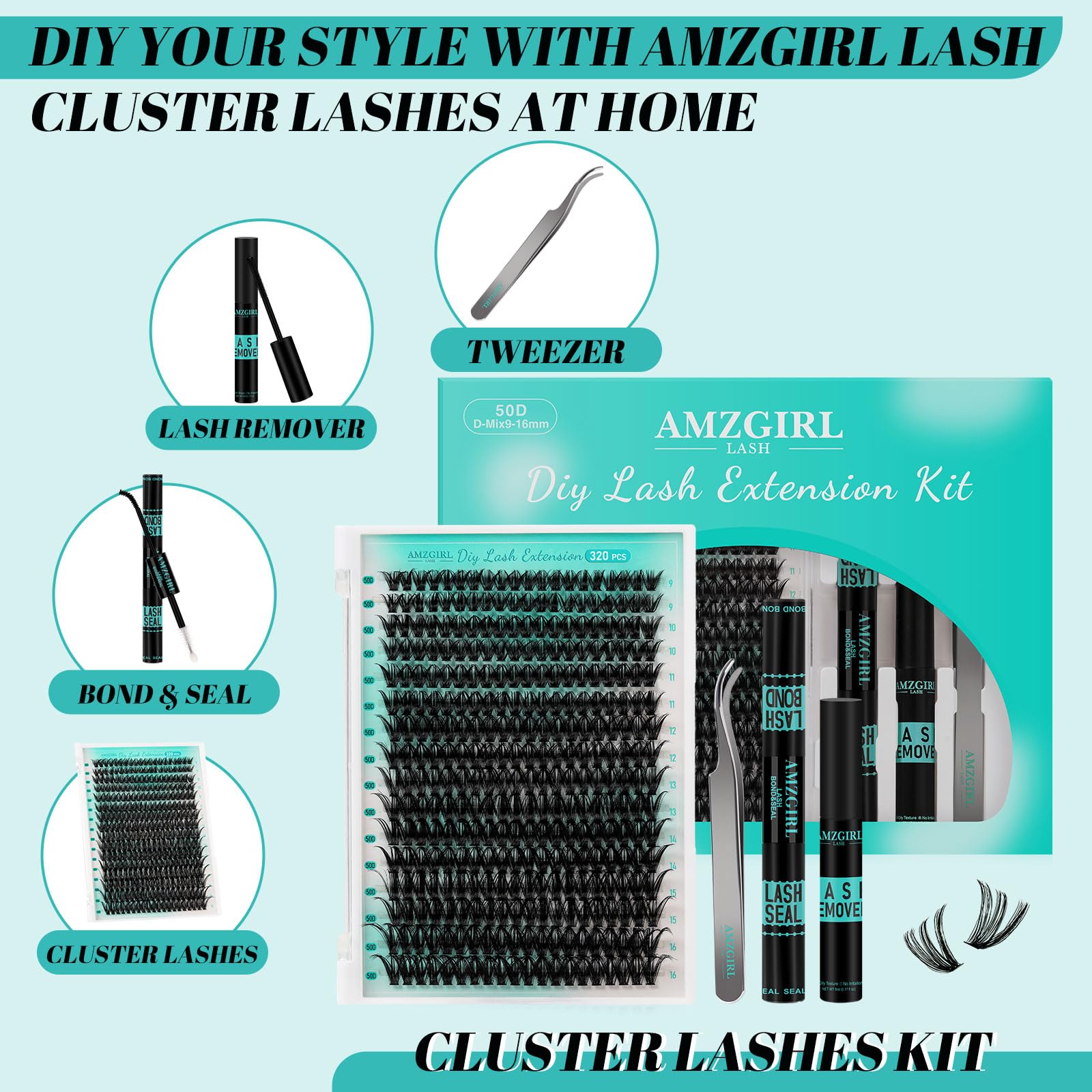 320Pcs DIY Individual Eyelash Extension Kit - Includes Lash Clusters, Bond & Seal, Remover, Applicator Tool - 50D, D-Mix 9-16mm for Home Salon & Professional Use - Perfect for Bridal, Party & Everyday Glam Makeup