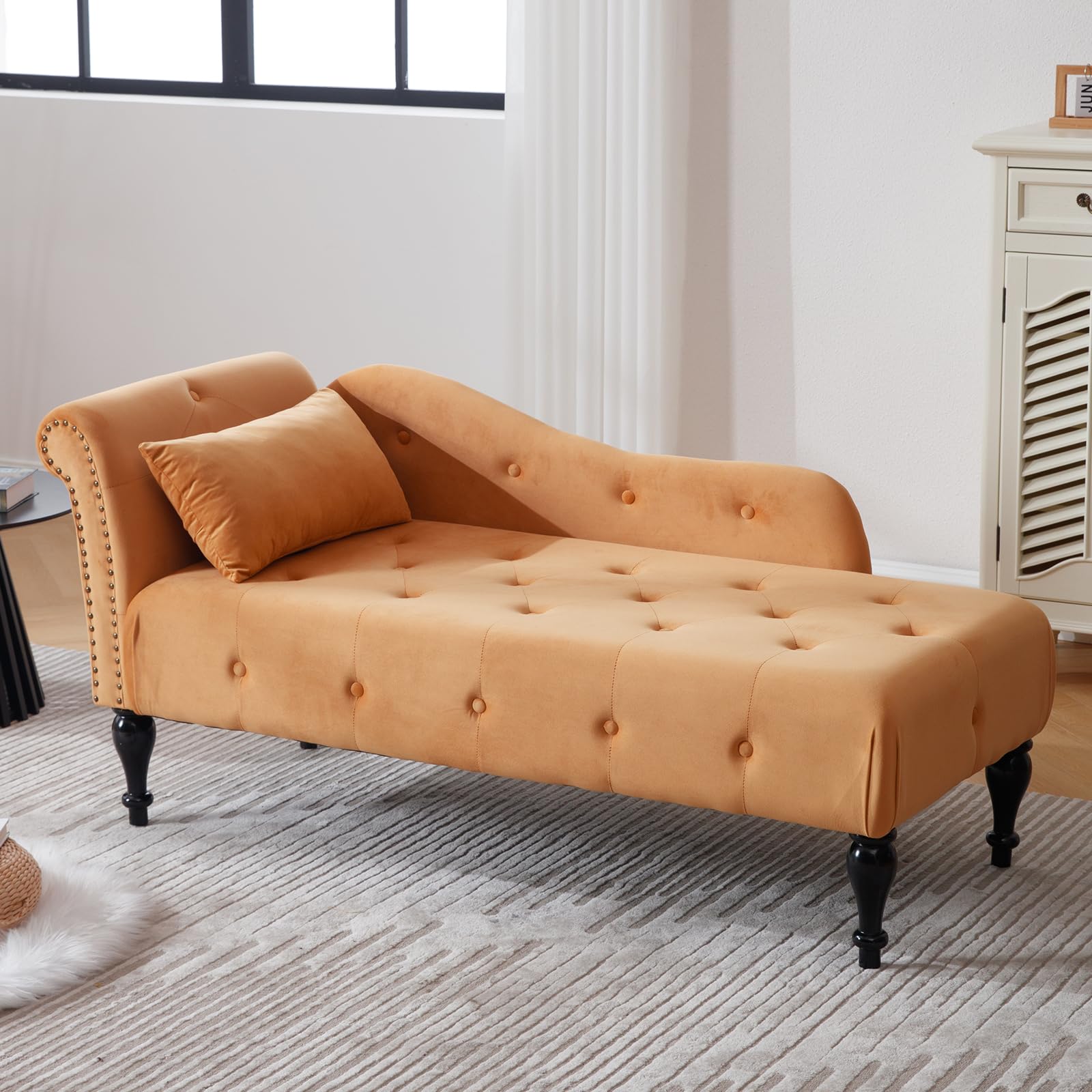 DecoraFlex Tufted Velvet Chaise Lounge Chair - Modern Upholstered Rolled Arm Sofa with Nailhead Trim - Comfortable Living Room, Bedroom & Office Furniture for Relaxing & Reading