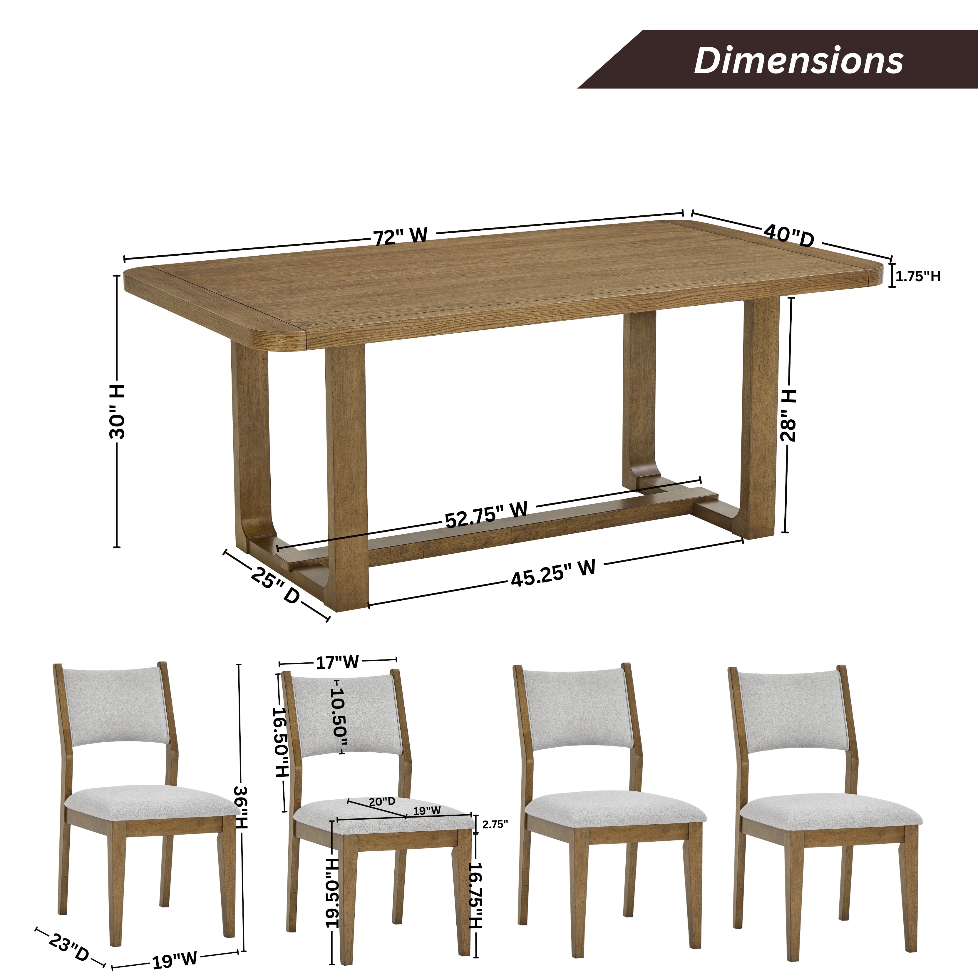 Roundhill Furniture Parker 5-Piece Dining Set - Light Oak Trestle Table with 4 Modern Chairs for Kitchen, Dining Room & Small Space